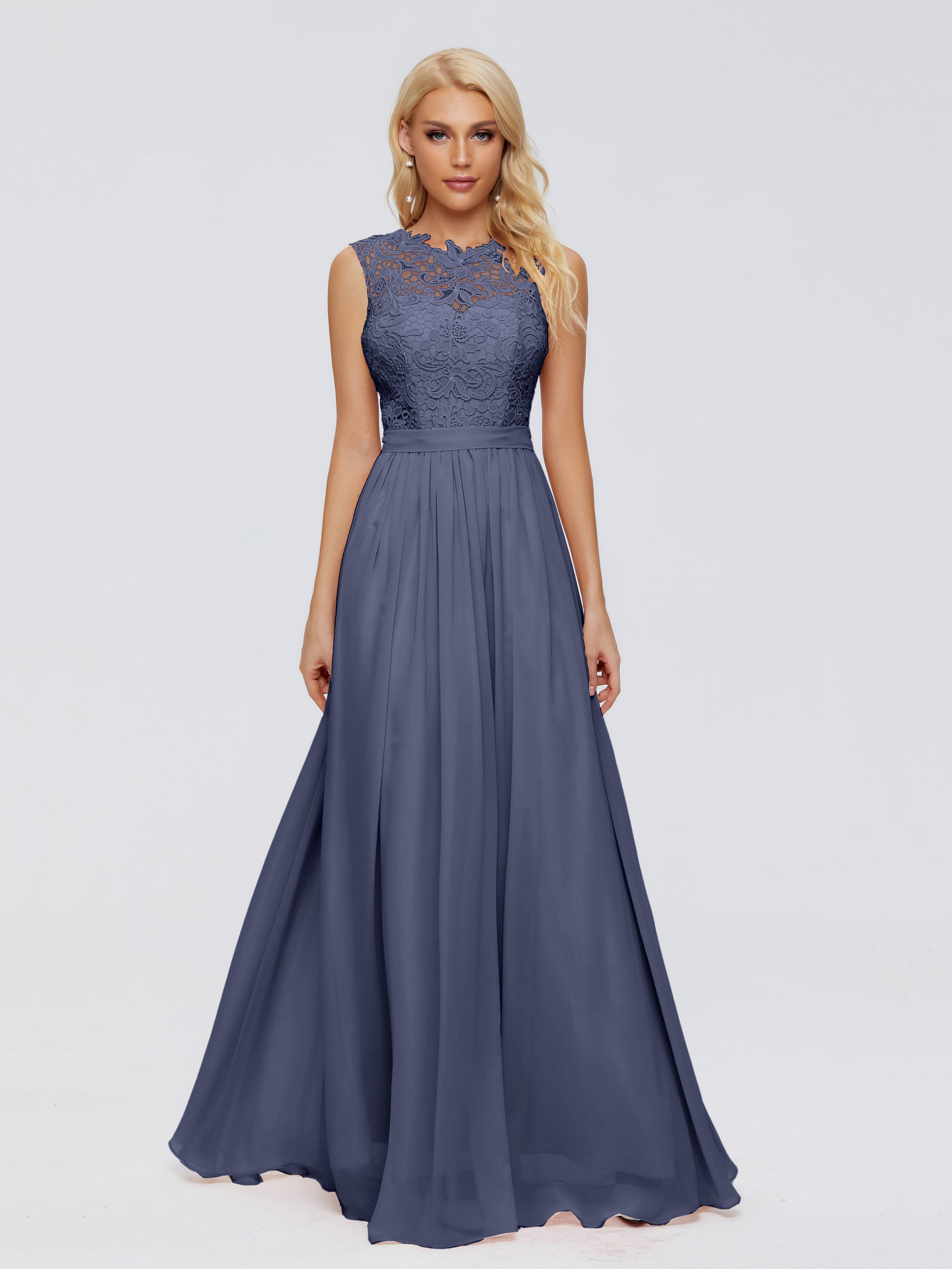 Robes De Demoiselle D'Honneur Bleu Orageux Trapèze Bateau Mousseline Robes Demoiselle D'Honneur