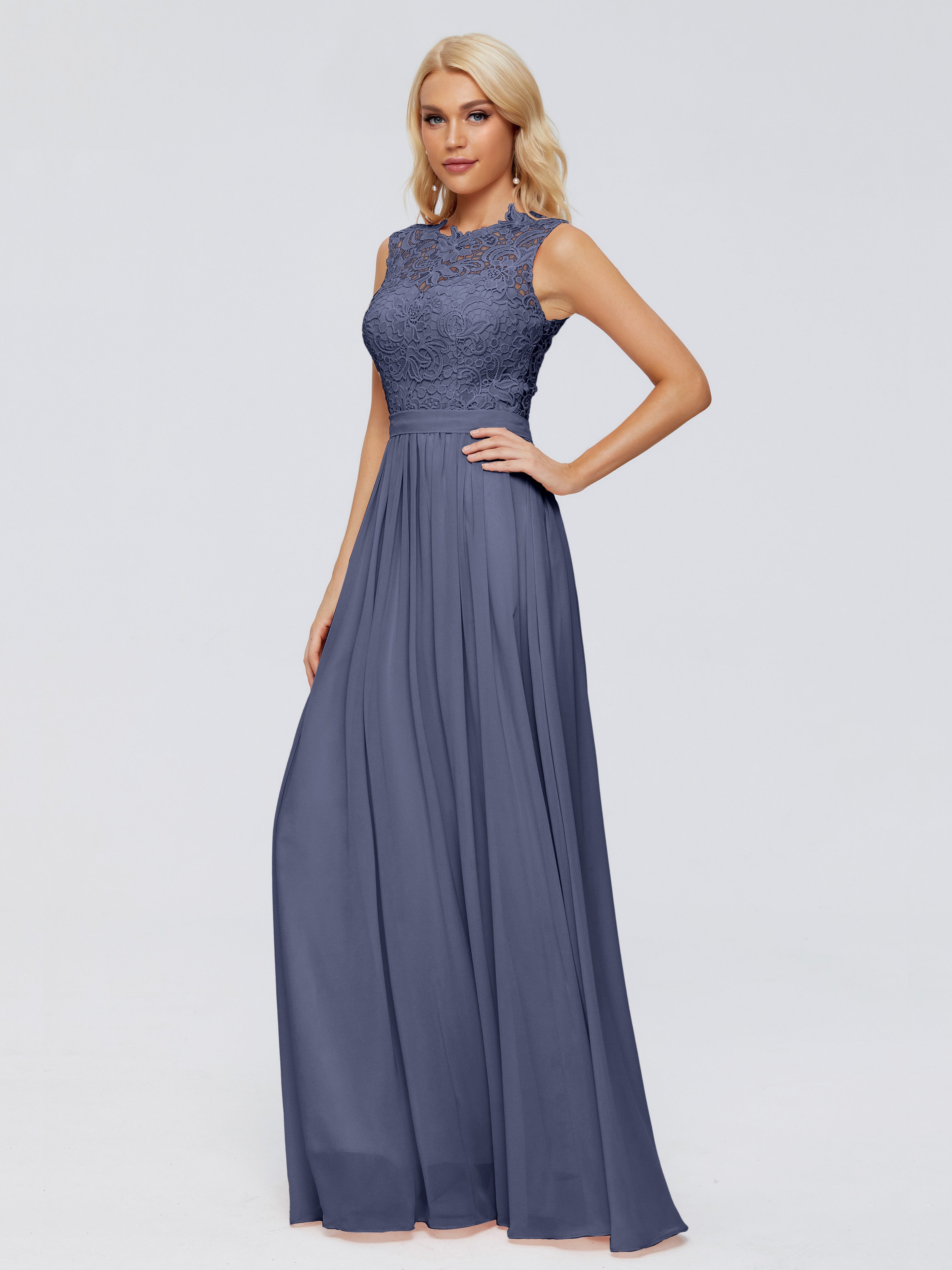 Robes De Demoiselle D'Honneur Bleu Orageux Trapèze Bateau Mousseline Robes Demoiselle D'Honneur