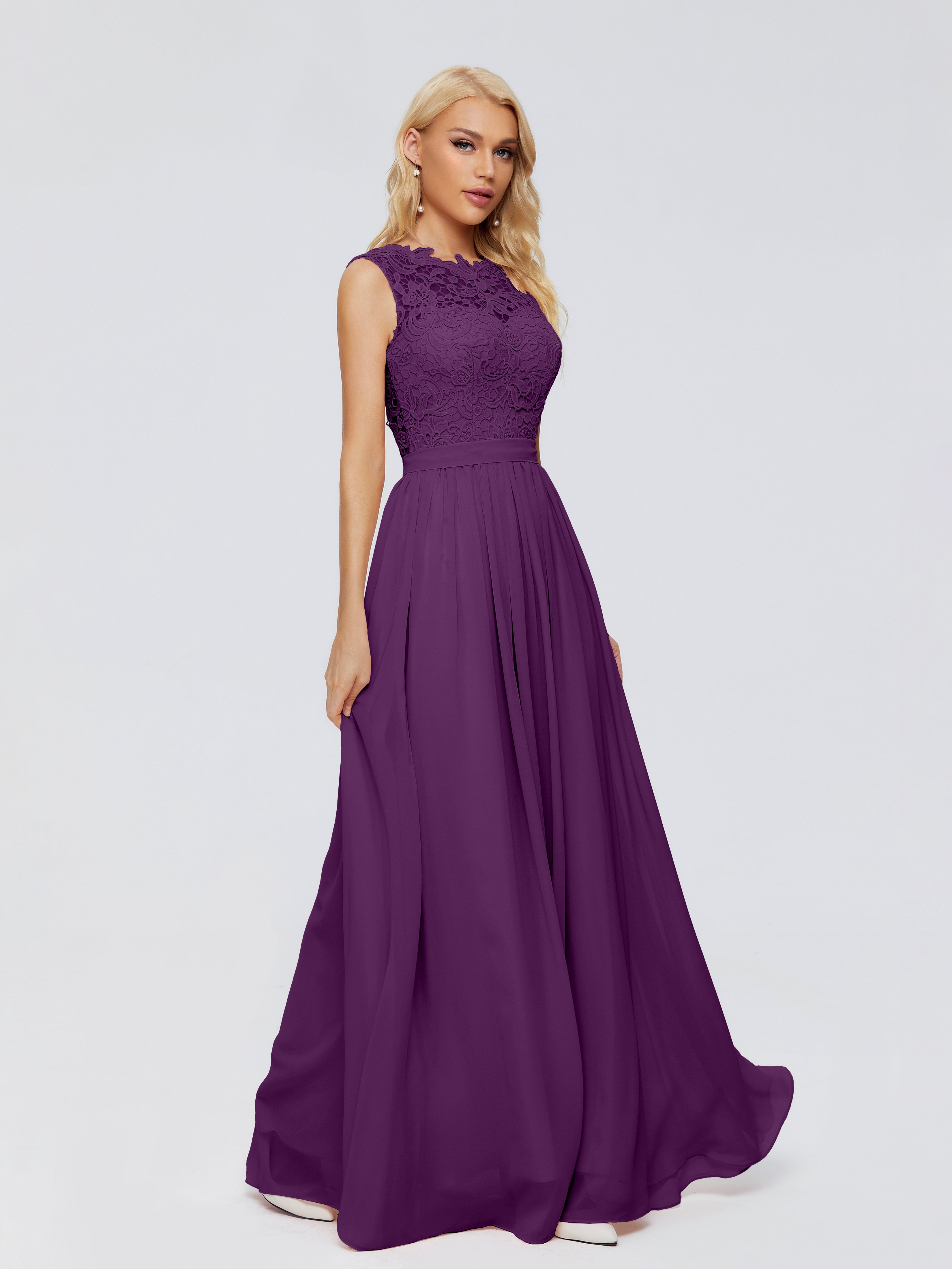 Robes De Demoiselle D'Honneur En Raisin Trapèze Bateau Mousseline Robes Demoiselle D'Honneur