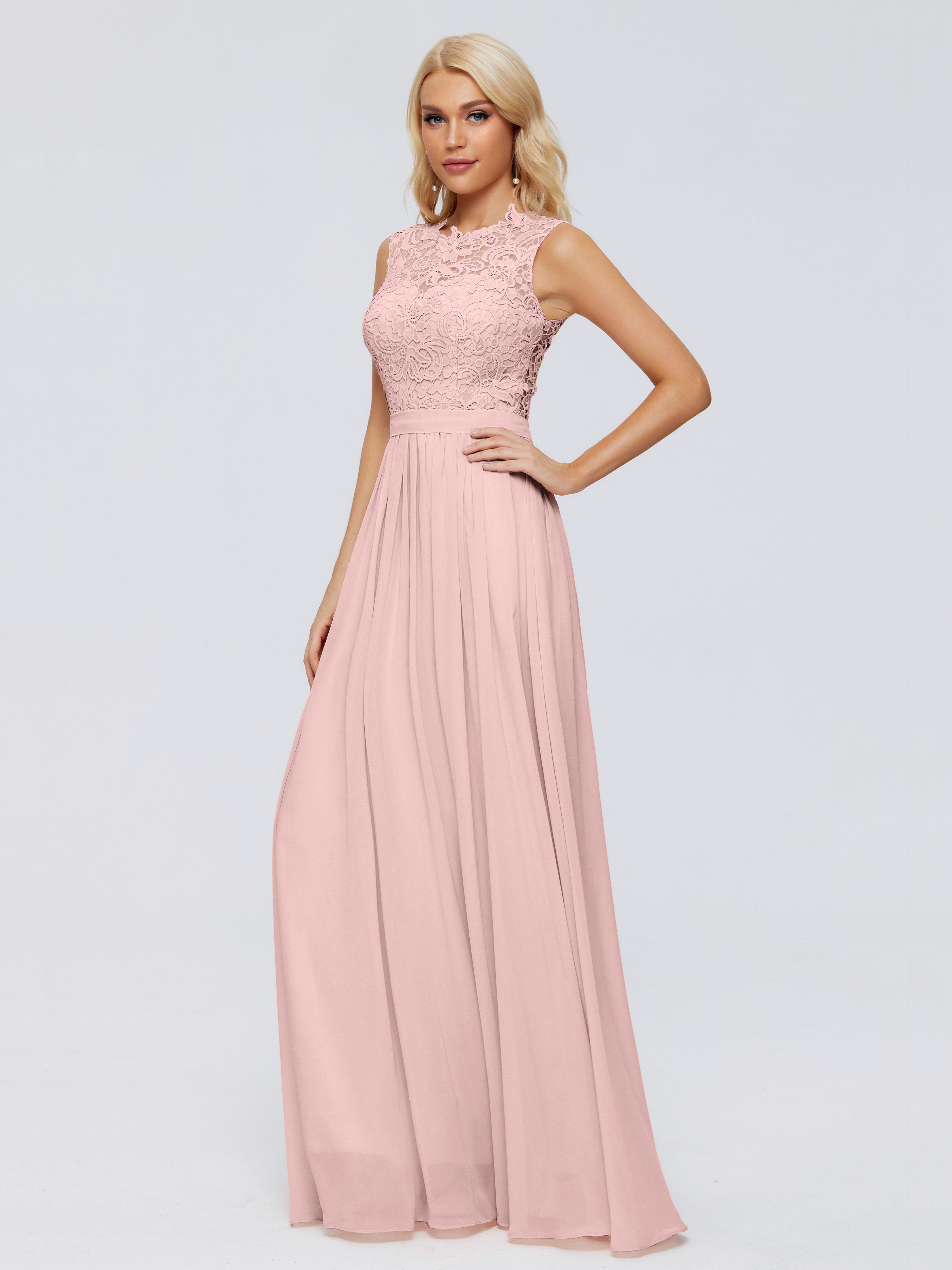 Poudree Robe Demoiselle D Honneur Rose Trapèze Bateau Mousseline Robes Demoiselle D'Honneur
