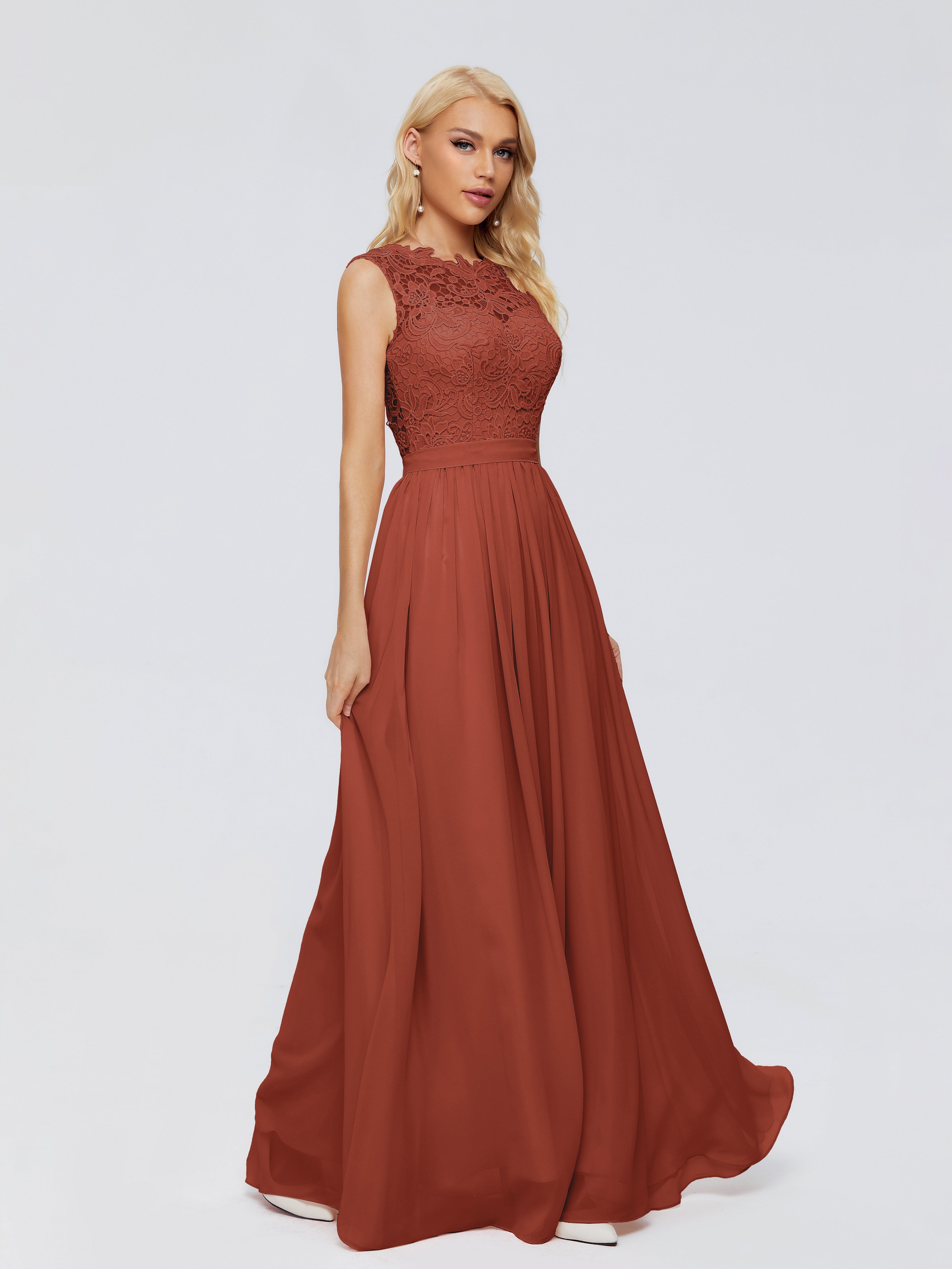 Longues Robes De Demoiselle D'Honneur De Rouille Trapèze Bateau Mousseline Robes Demoiselle D'Honneur