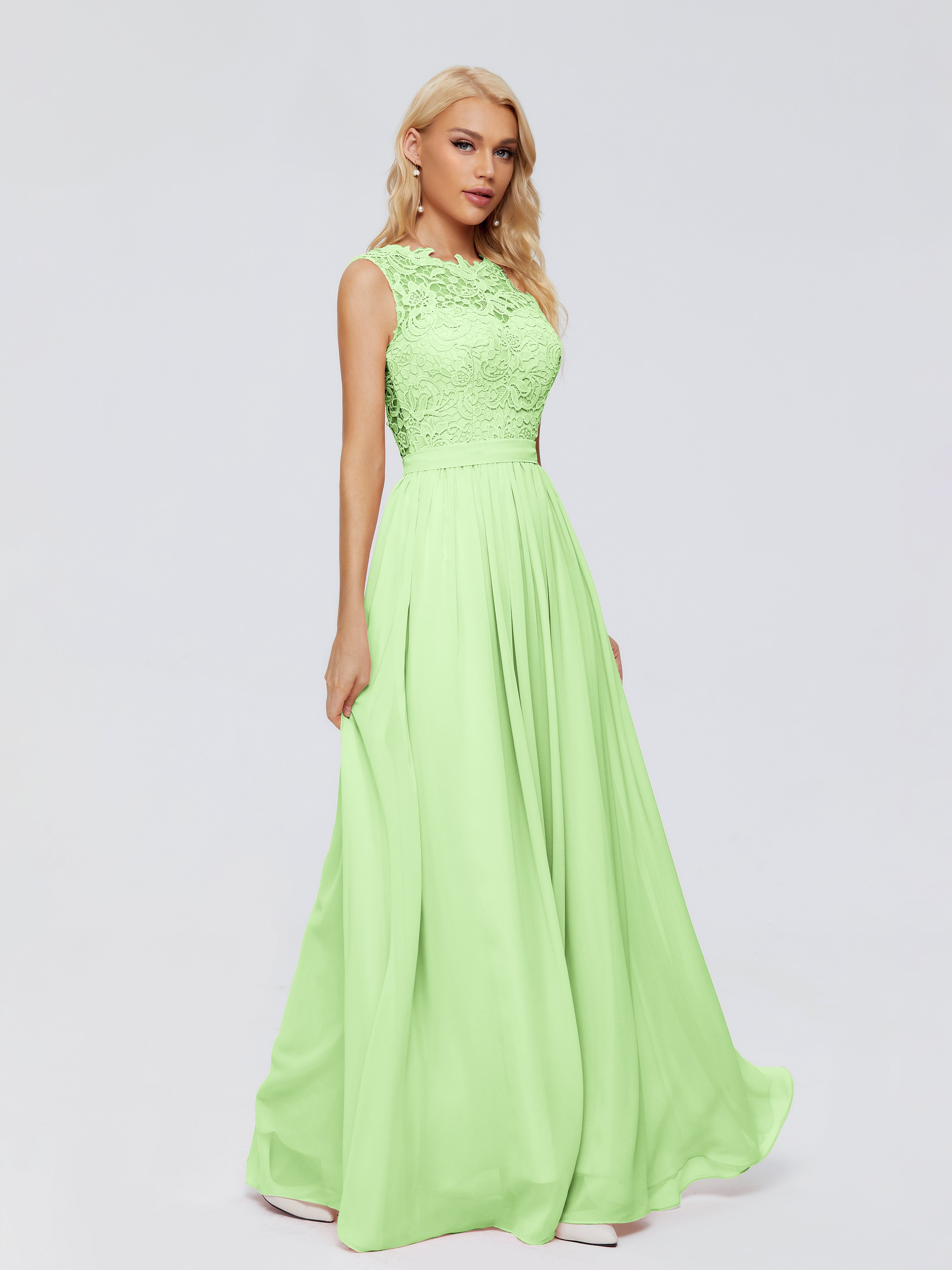 Demoiselle D'Honneur Vert Sauge Trapèze Bateau Mousseline Robes Demoiselle D'Honneur