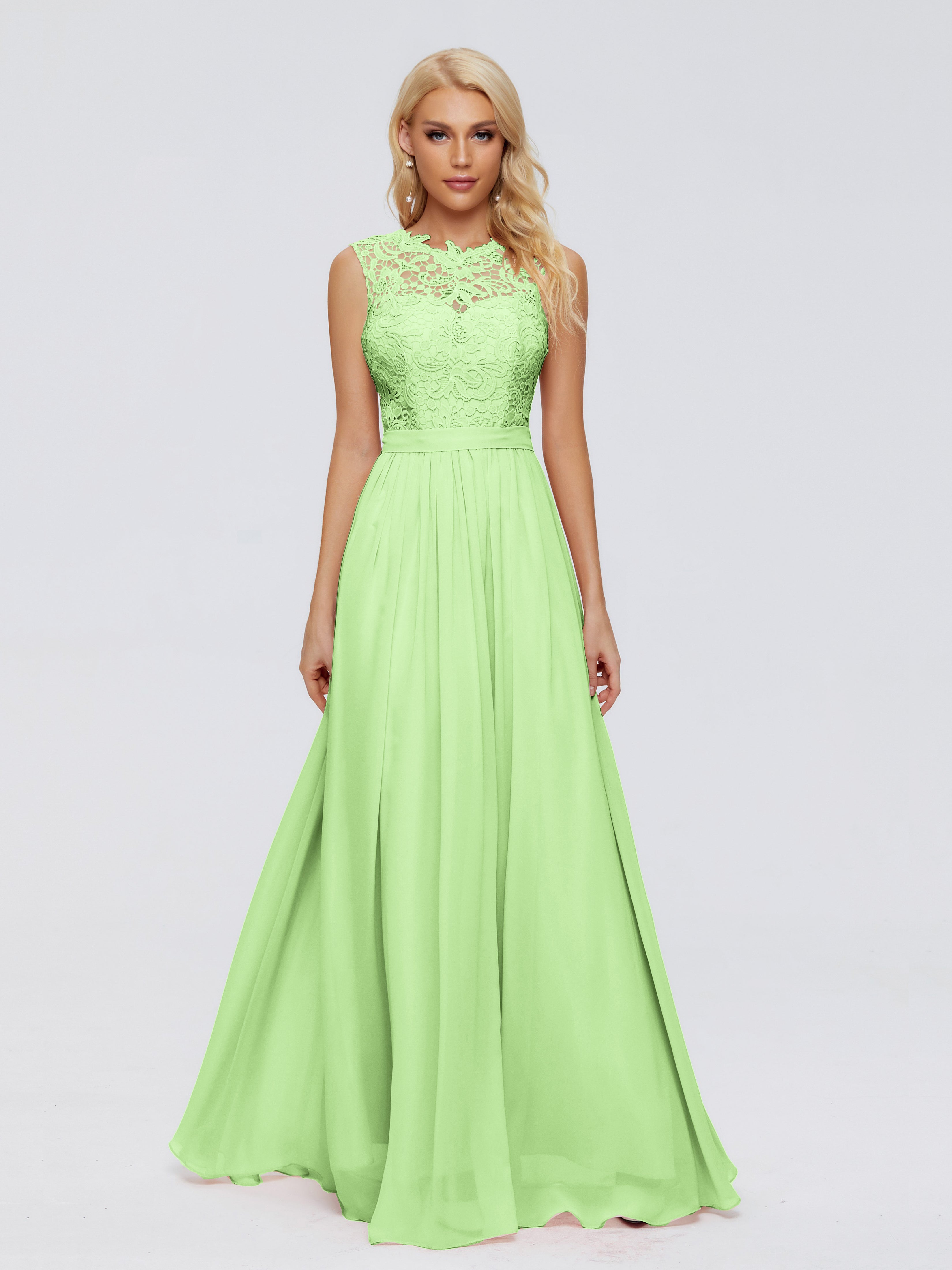Demoiselle D'Honneur Vert Sauge Trapèze Bateau Mousseline Robes Demoiselle D'Honneur