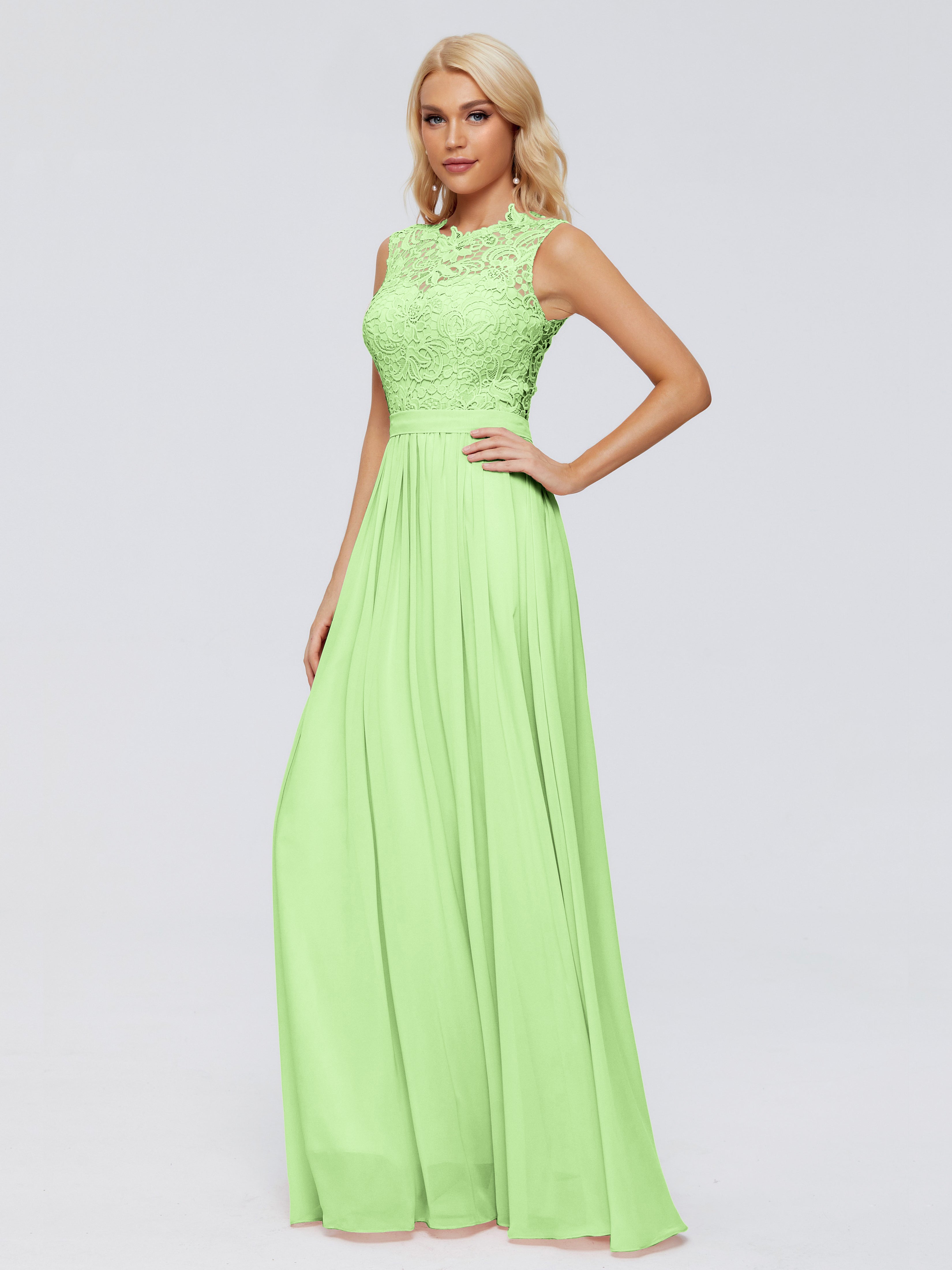 Demoiselle D'Honneur Vert Sauge Trapèze Bateau Mousseline Robes Demoiselle D'Honneur