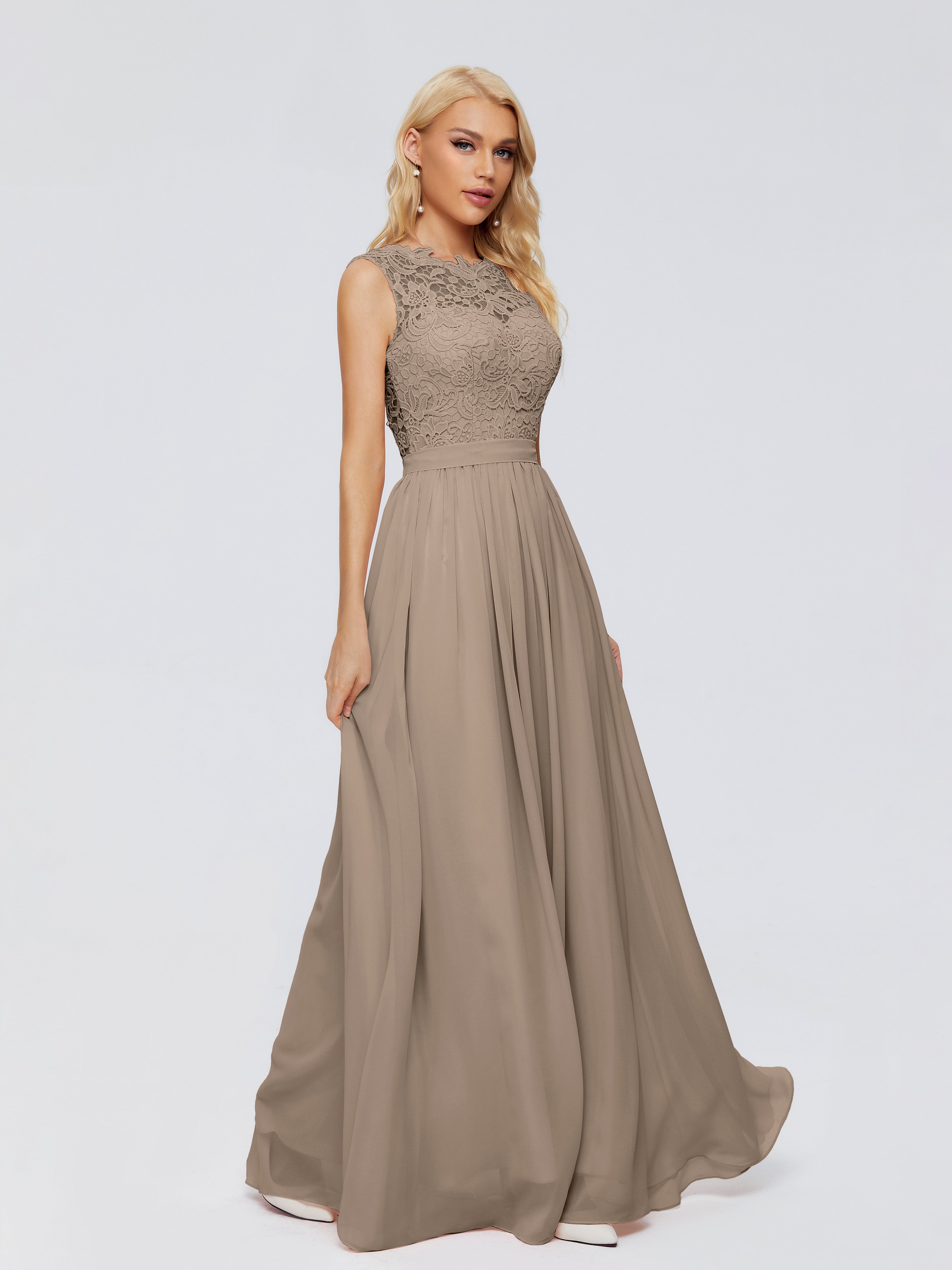 Couleur Taupe Robe Trapèze Bateau Mousseline Robes Demoiselle D'Honneur