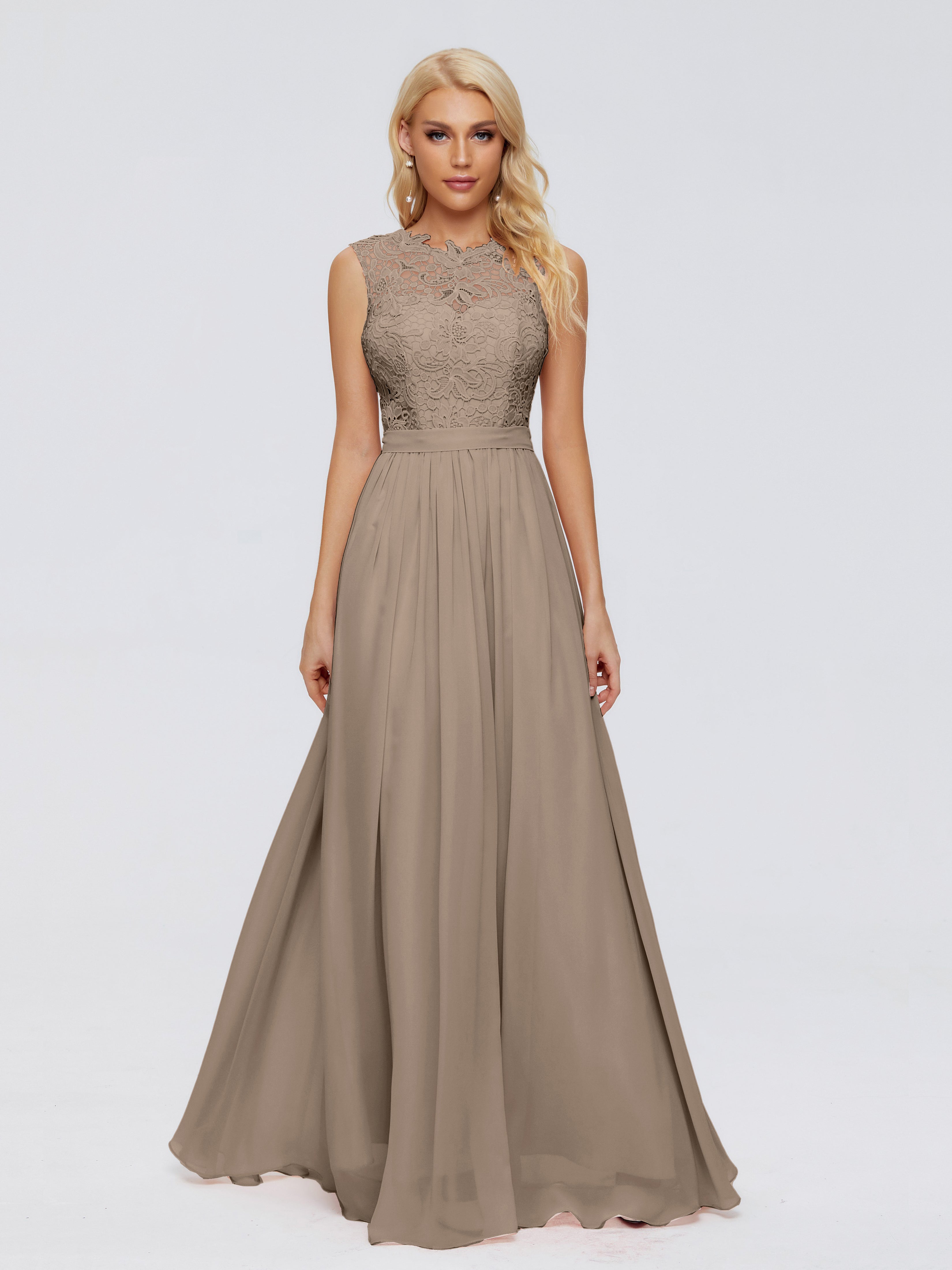 Couleur Taupe Robe Trapèze Bateau Mousseline Robes Demoiselle D'Honneur