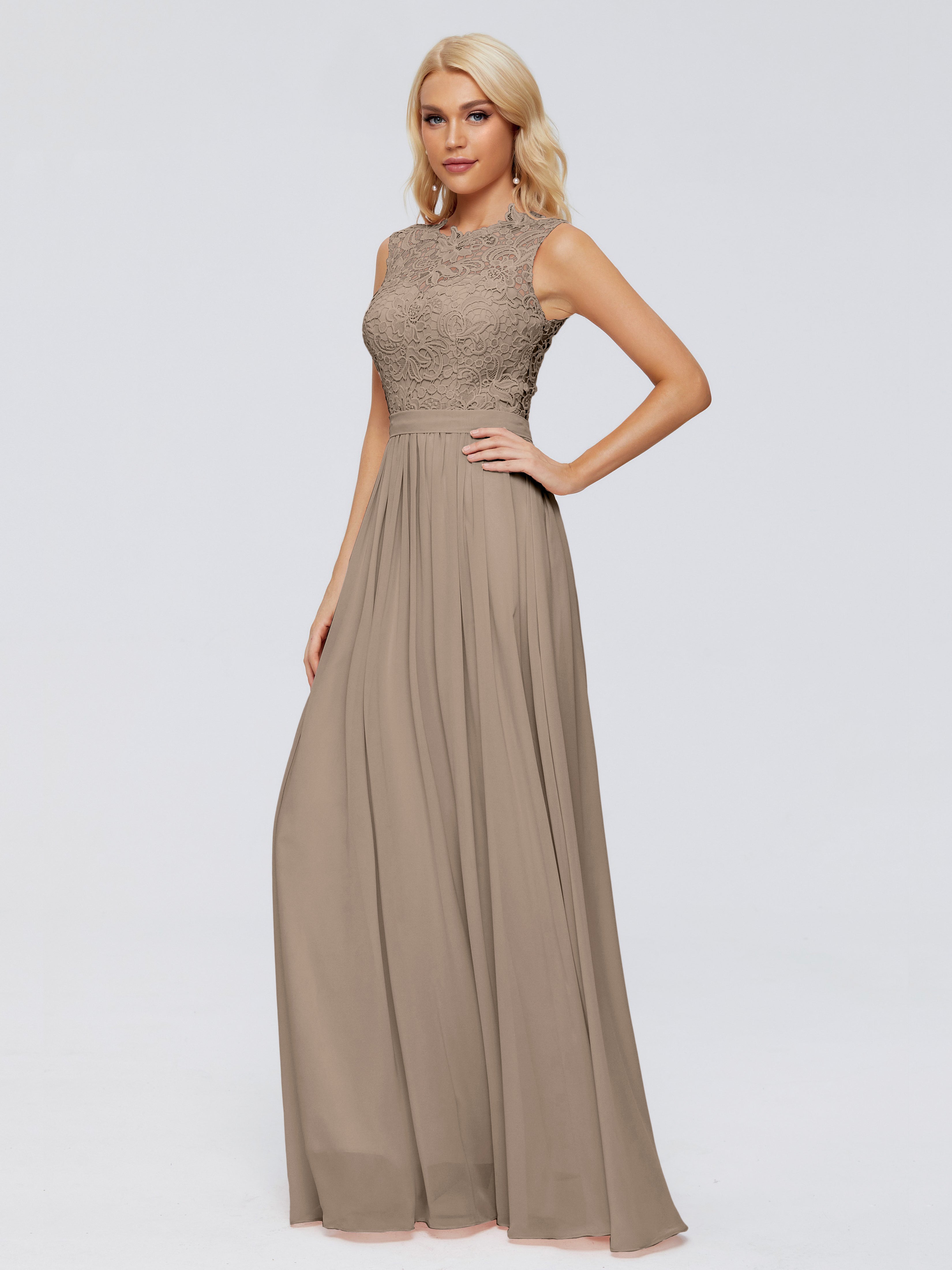 Couleur Taupe Robe Trapèze Bateau Mousseline Robes Demoiselle D'Honneur