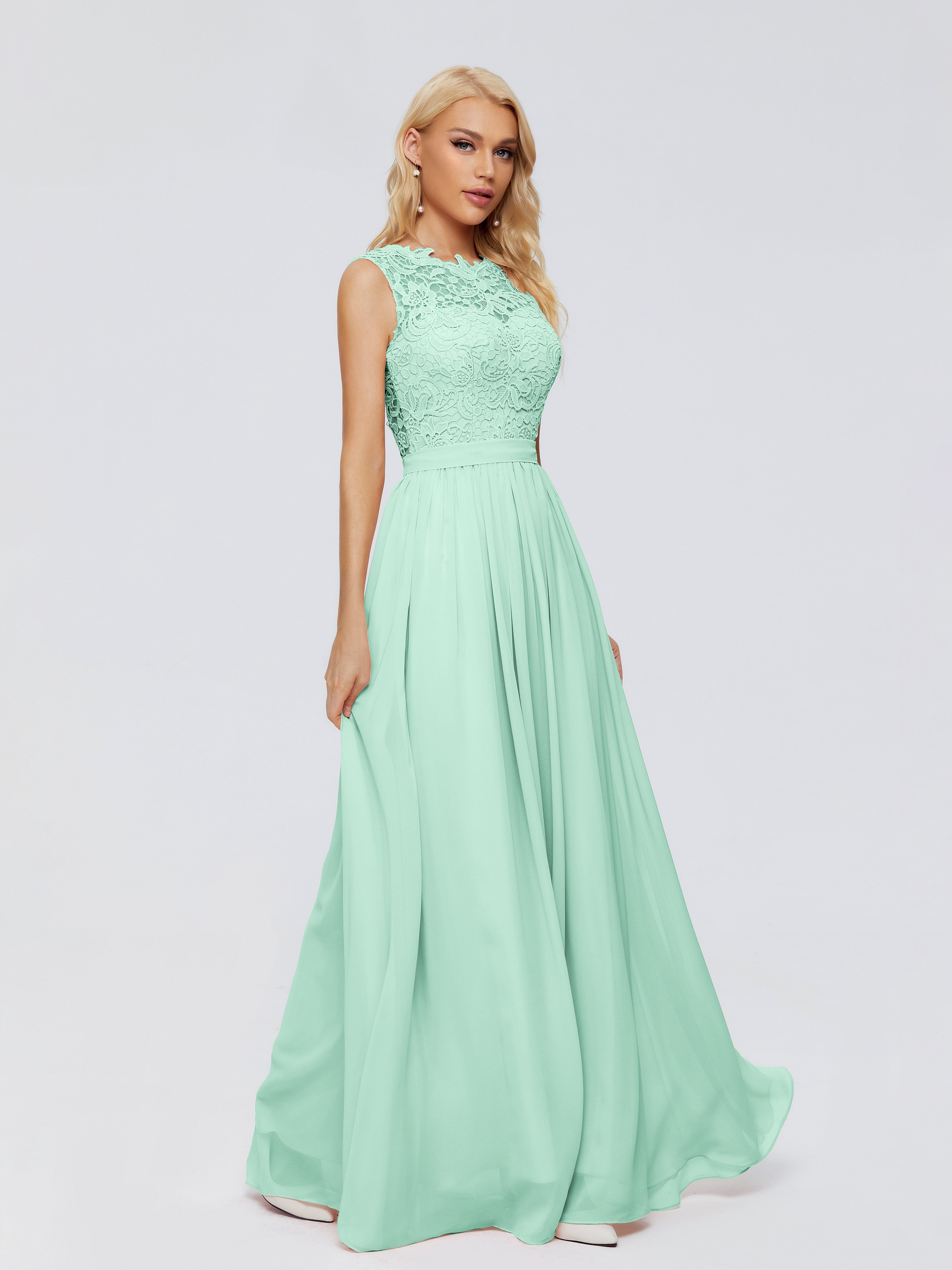 Robes De Demoiselle D'Honneur Vert Menthe Trapèze Bateau Mousseline Robes Demoiselle D'Honneur