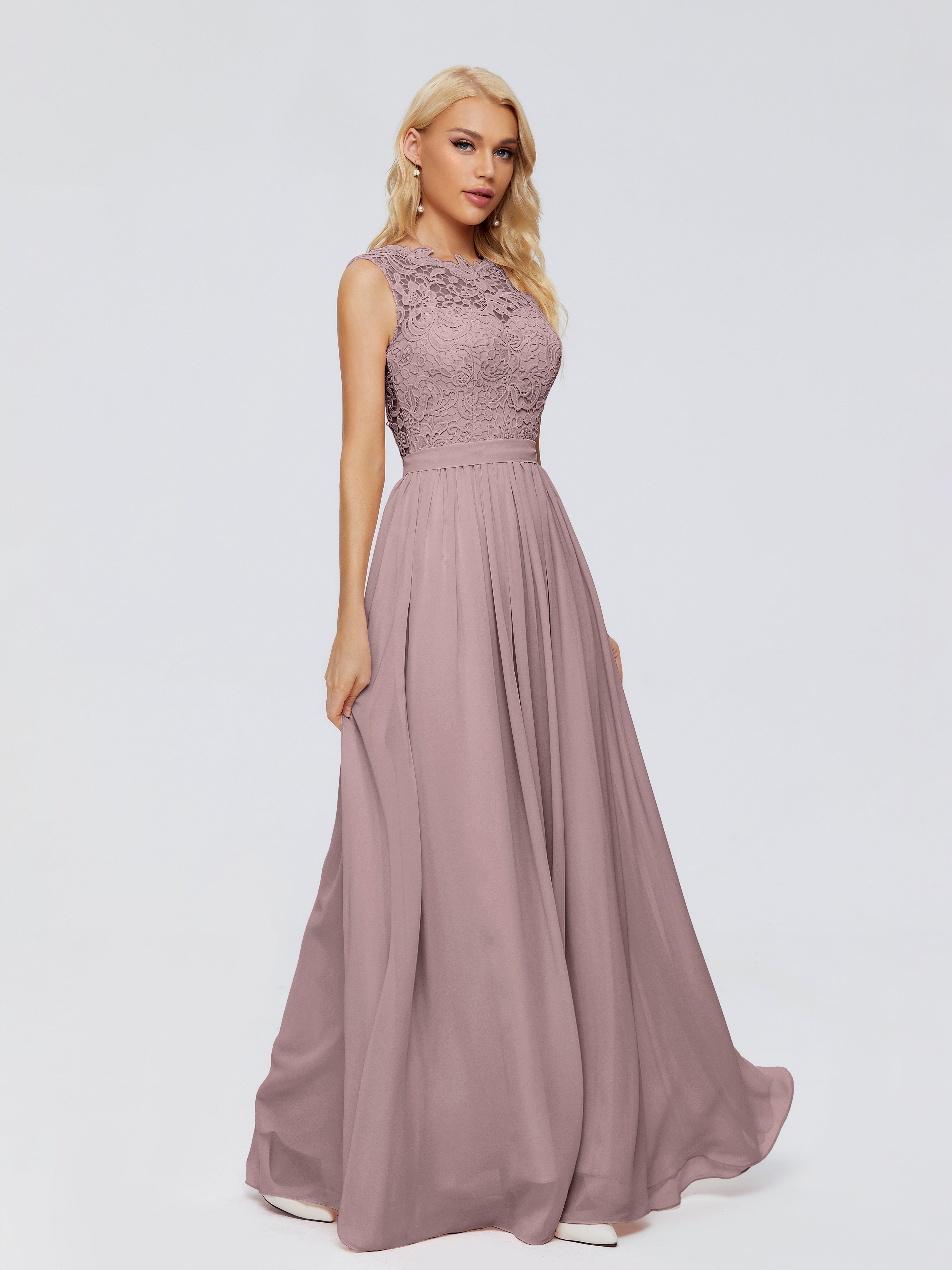 Robes De Demoiselle D'Honneur Vintage Mauve Trapèze Bateau Mousseline Robes Demoiselle D'Honneur