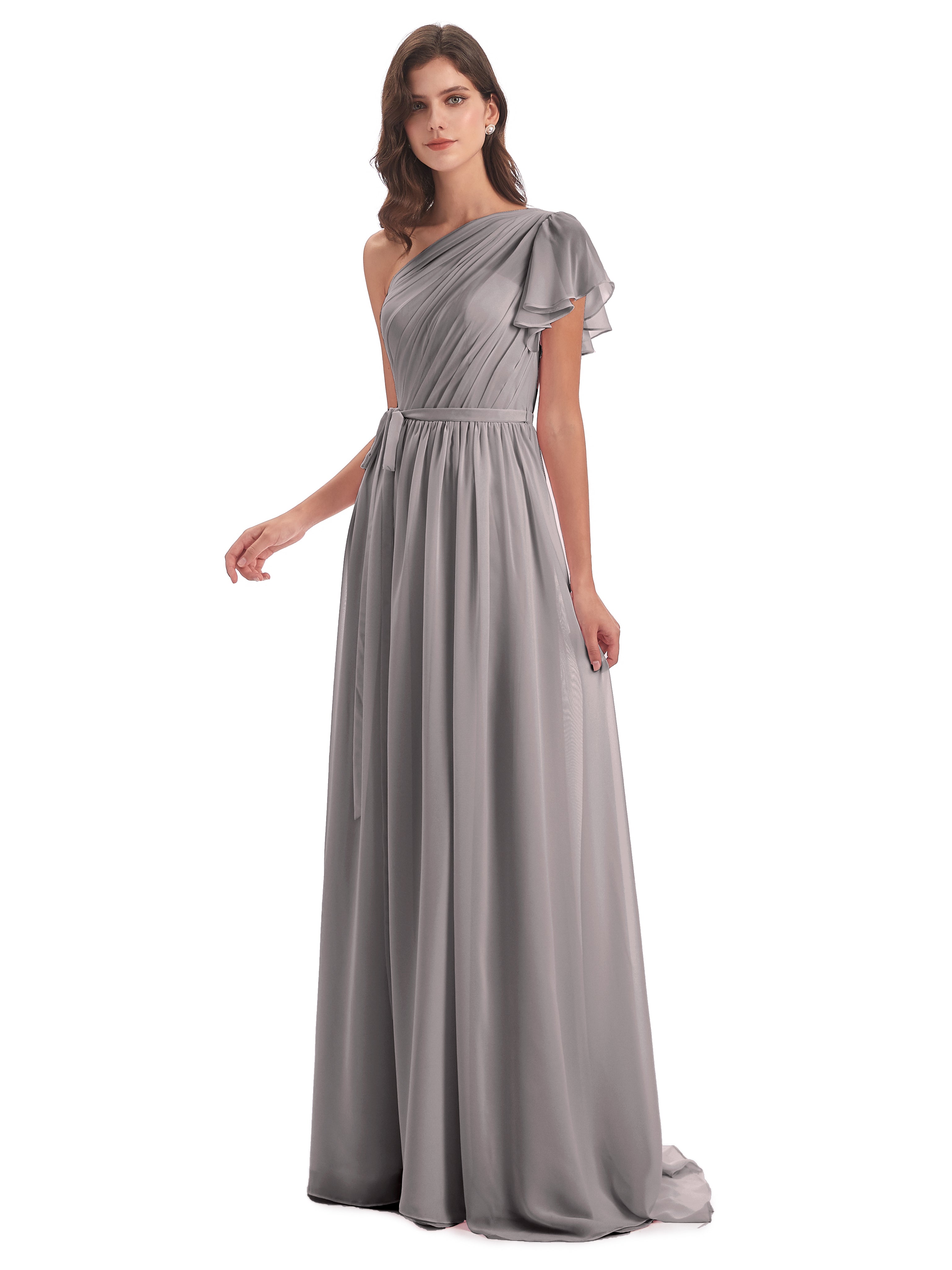 Robe Demoiselle D Honneur Argenté Balayage/Pinceau Traîne Seule-Épaule Robes Demoiselle D'Honneur