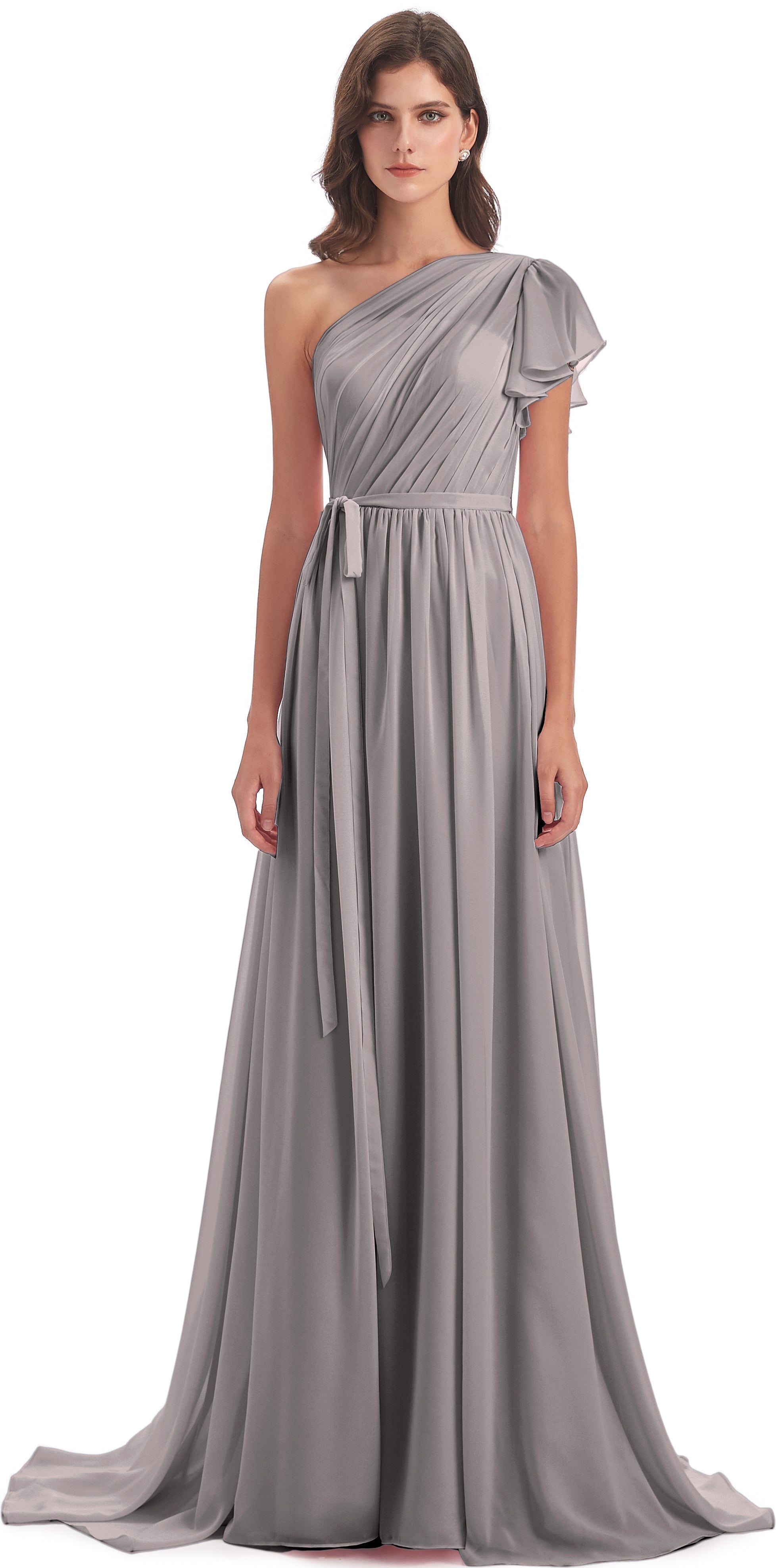 Robe Demoiselle D Honneur Argenté Balayage/Pinceau Traîne Seule-Épaule Robes Demoiselle D'Honneur