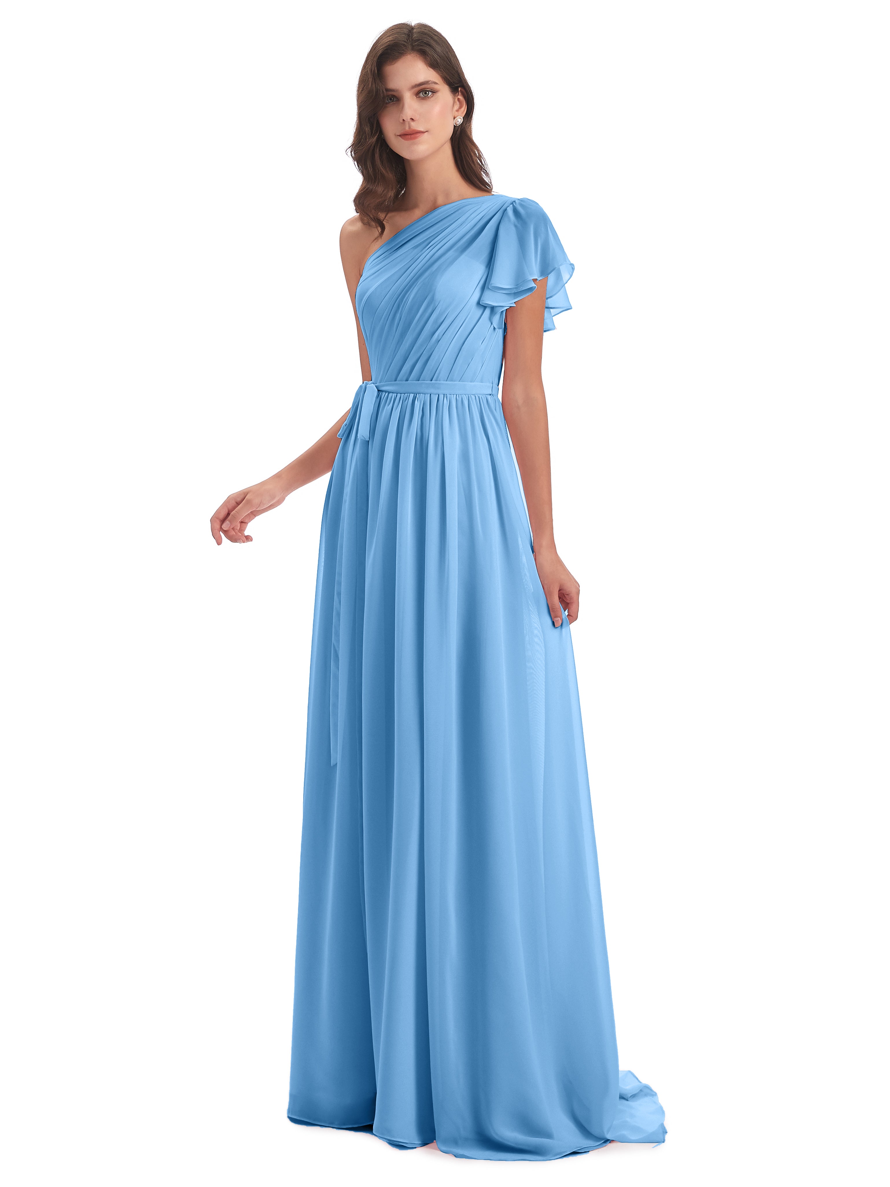 Robe Demoiselle D Honneur Bleue Balayage/Pinceau Traîne Seule-Épaule Robes Demoiselle D'Honneur
