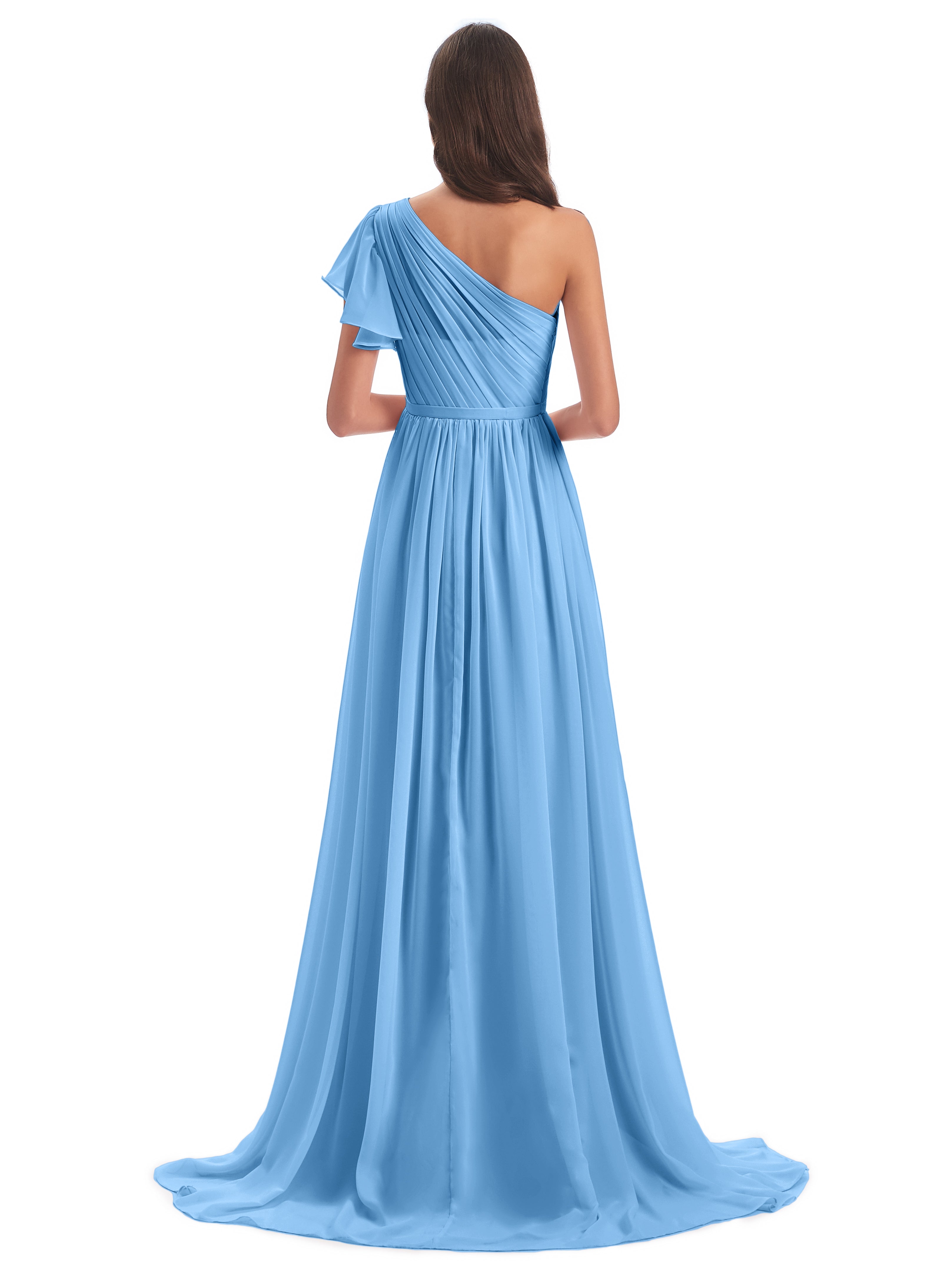 Robe Demoiselle D Honneur Bleue Balayage/Pinceau Traîne Seule-Épaule Robes Demoiselle D'Honneur
