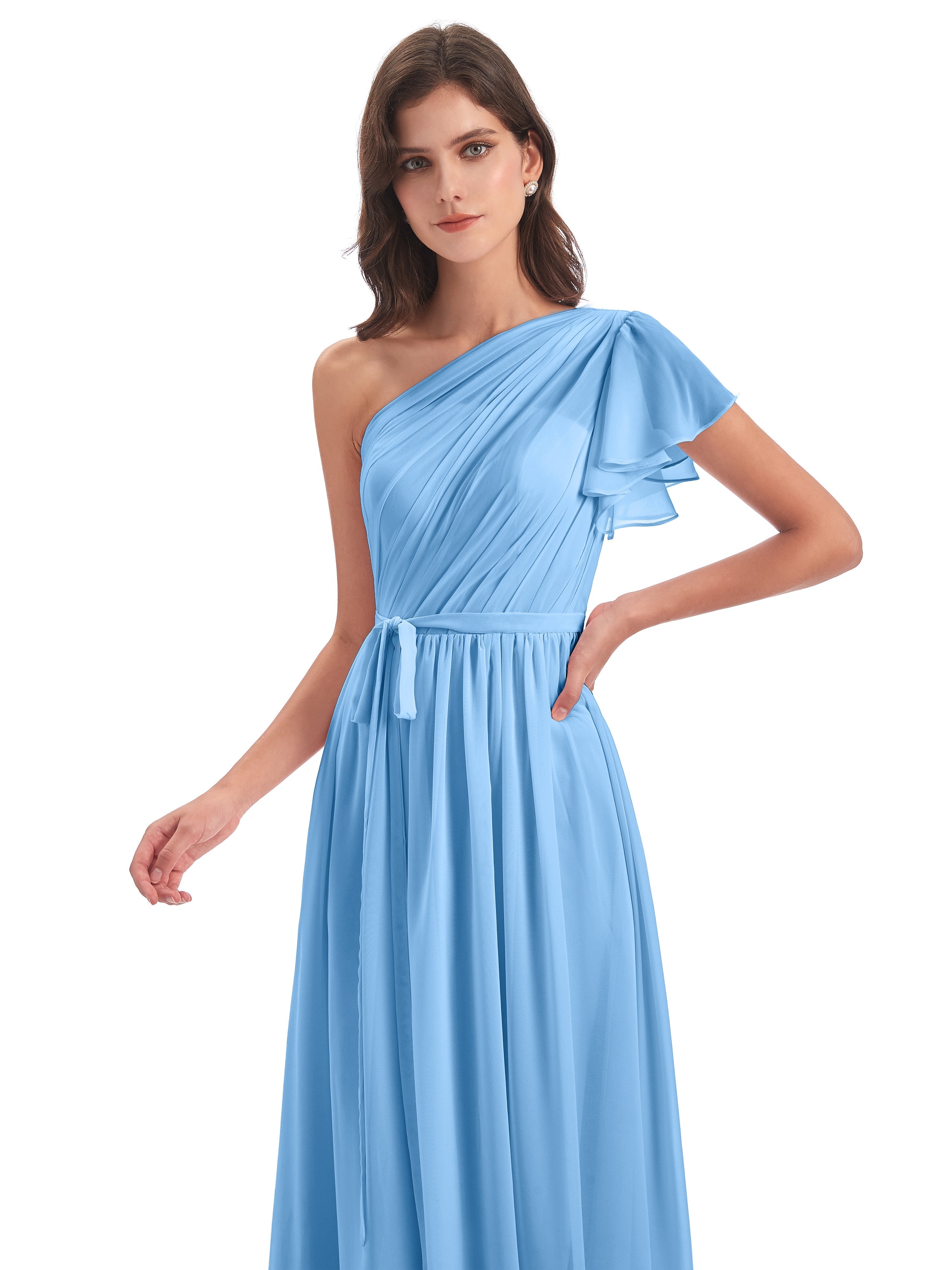 Robe Demoiselle D Honneur Bleue Balayage/Pinceau Traîne Seule-Épaule Robes Demoiselle D'Honneur