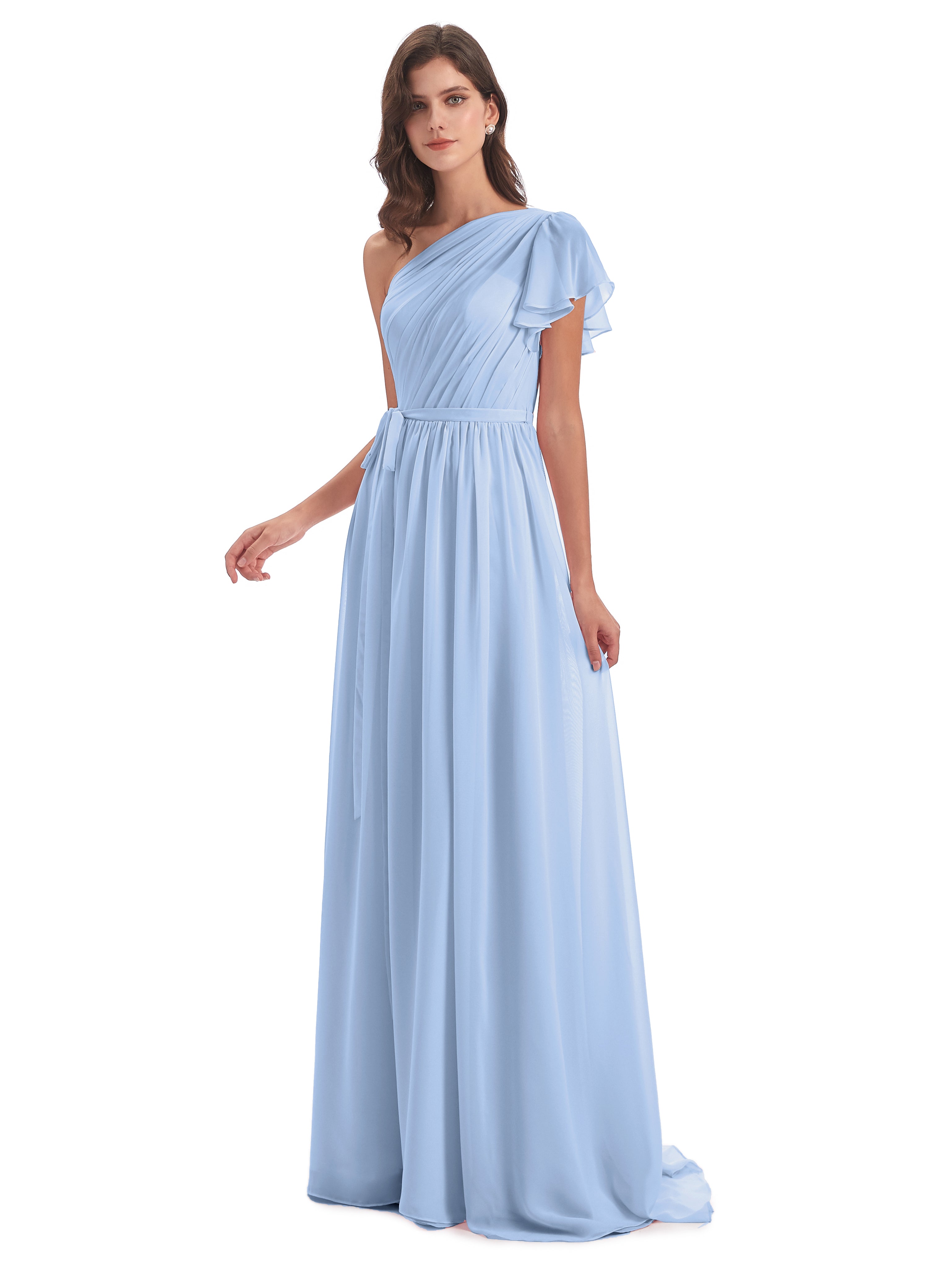 Robes De Demoiselle D'Honneur Bleu Ciel Balayage/Pinceau Traîne Seule-Épaule Robes Demoiselle D'Honneur