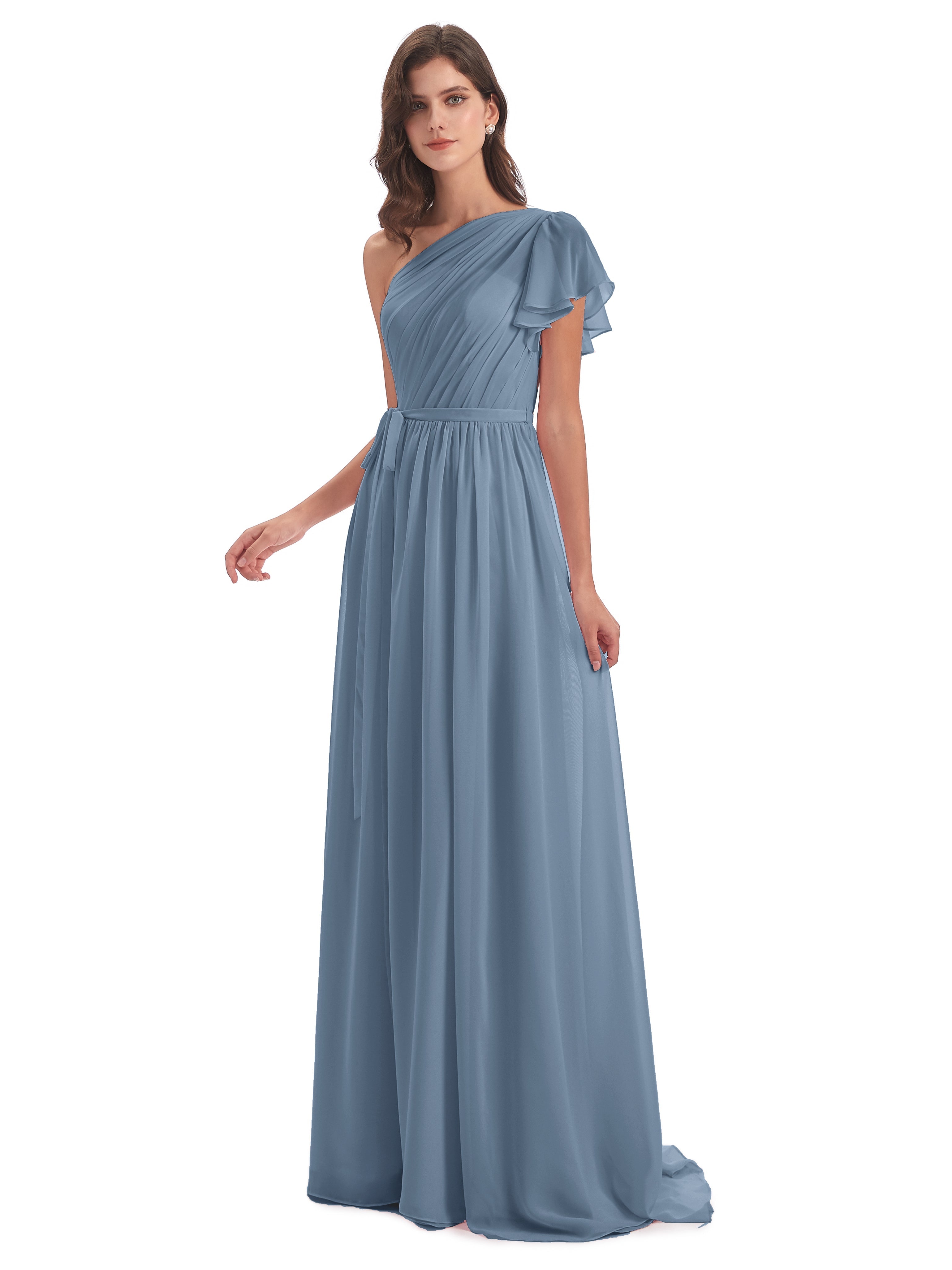 Robes De Demoiselle D'Honneur Bleu De Schiste Balayage/Pinceau Traîne Seule-Épaule Robes Demoiselle D'Honneur