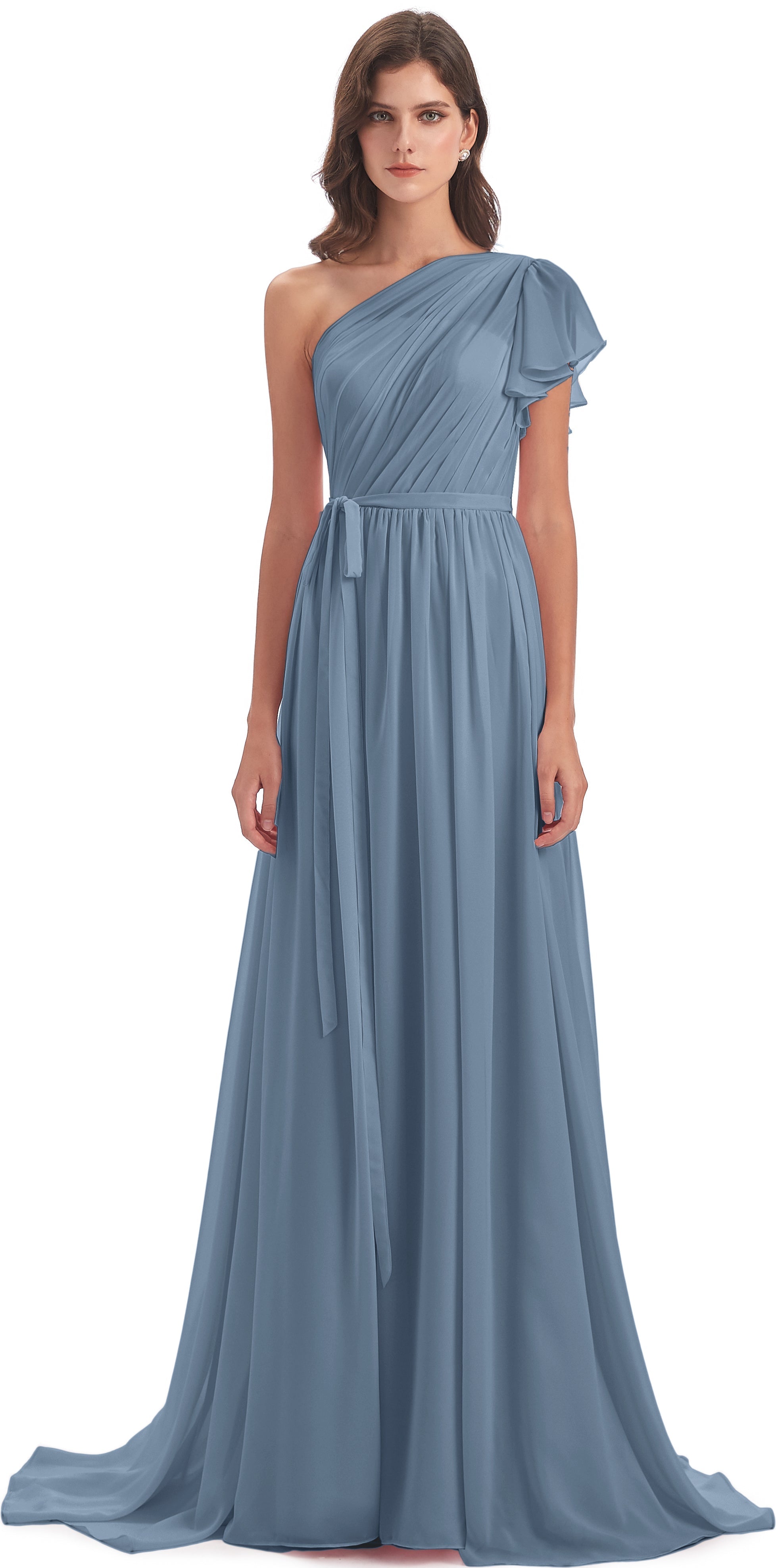 Robes De Demoiselle D'Honneur Bleu De Schiste Balayage/Pinceau Traîne Seule-Épaule Robes Demoiselle D'Honneur
