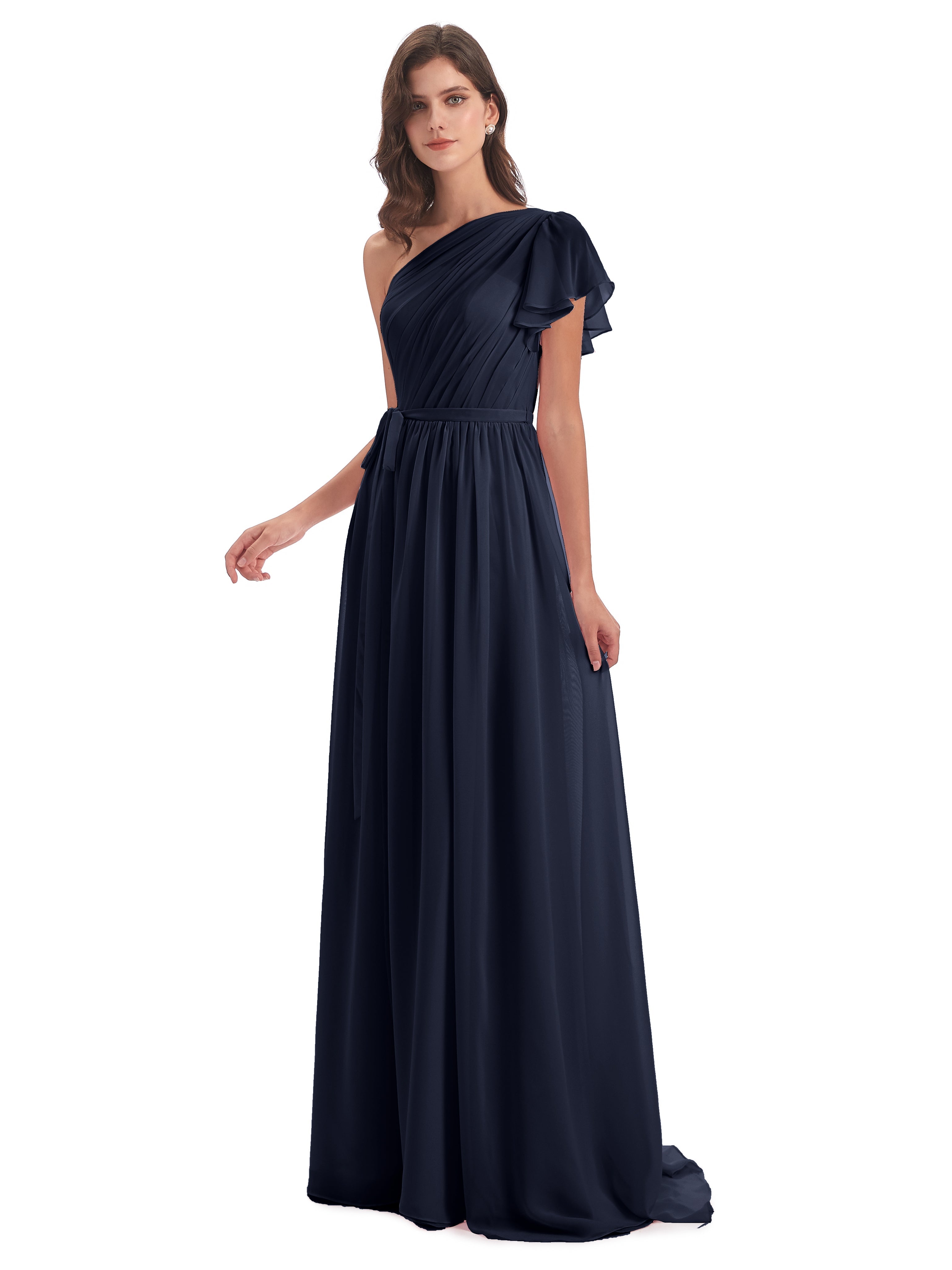 Demoiselle D'Honneur Bleu Marine Balayage/Pinceau Traîne Seule-Épaule Robes Demoiselle D'Honneur