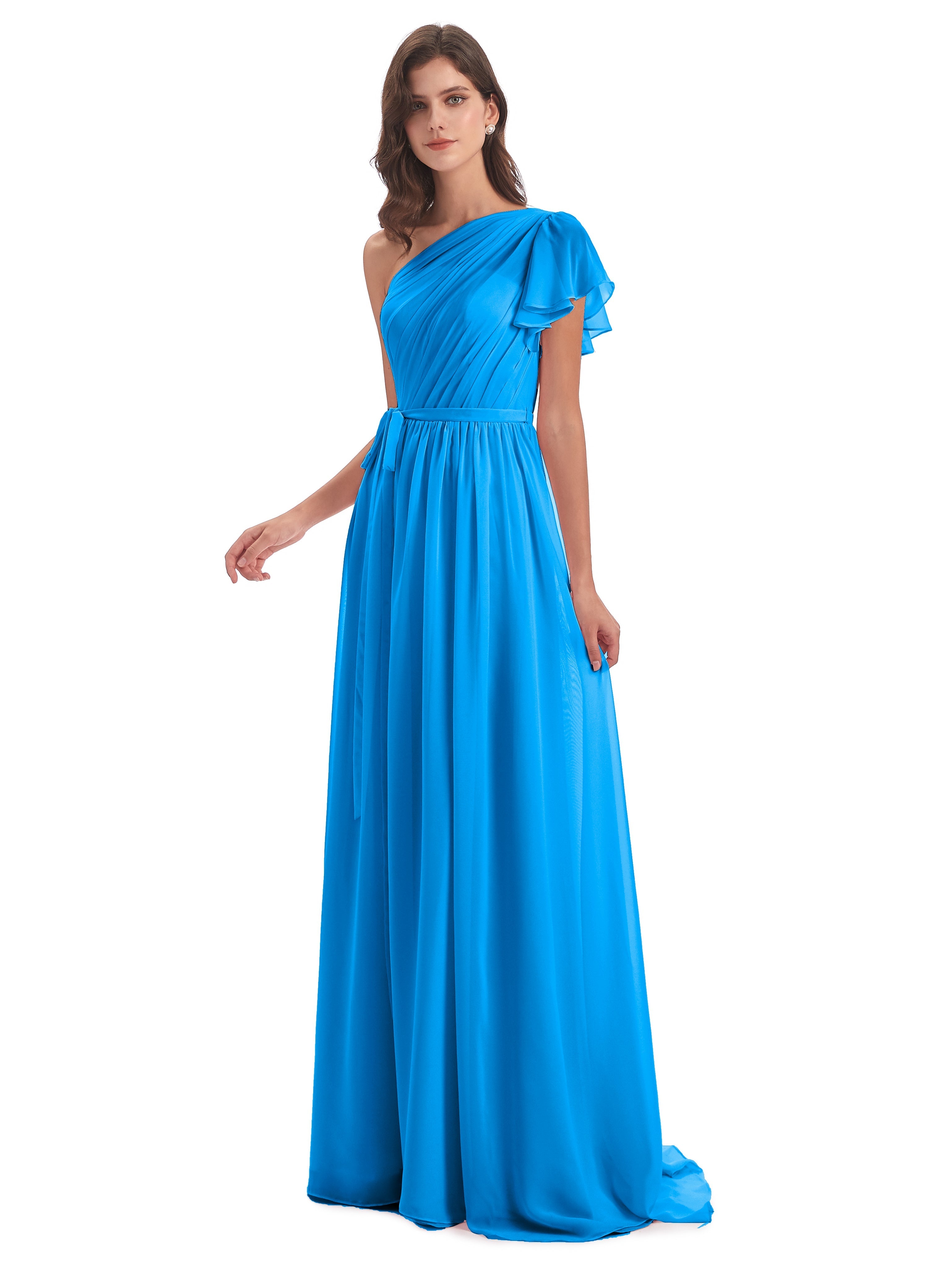Robes De Demoiselle D'Honneur Bleu Océan Balayage/Pinceau Traîne Seule-Épaule Robes Demoiselle D'Honneur