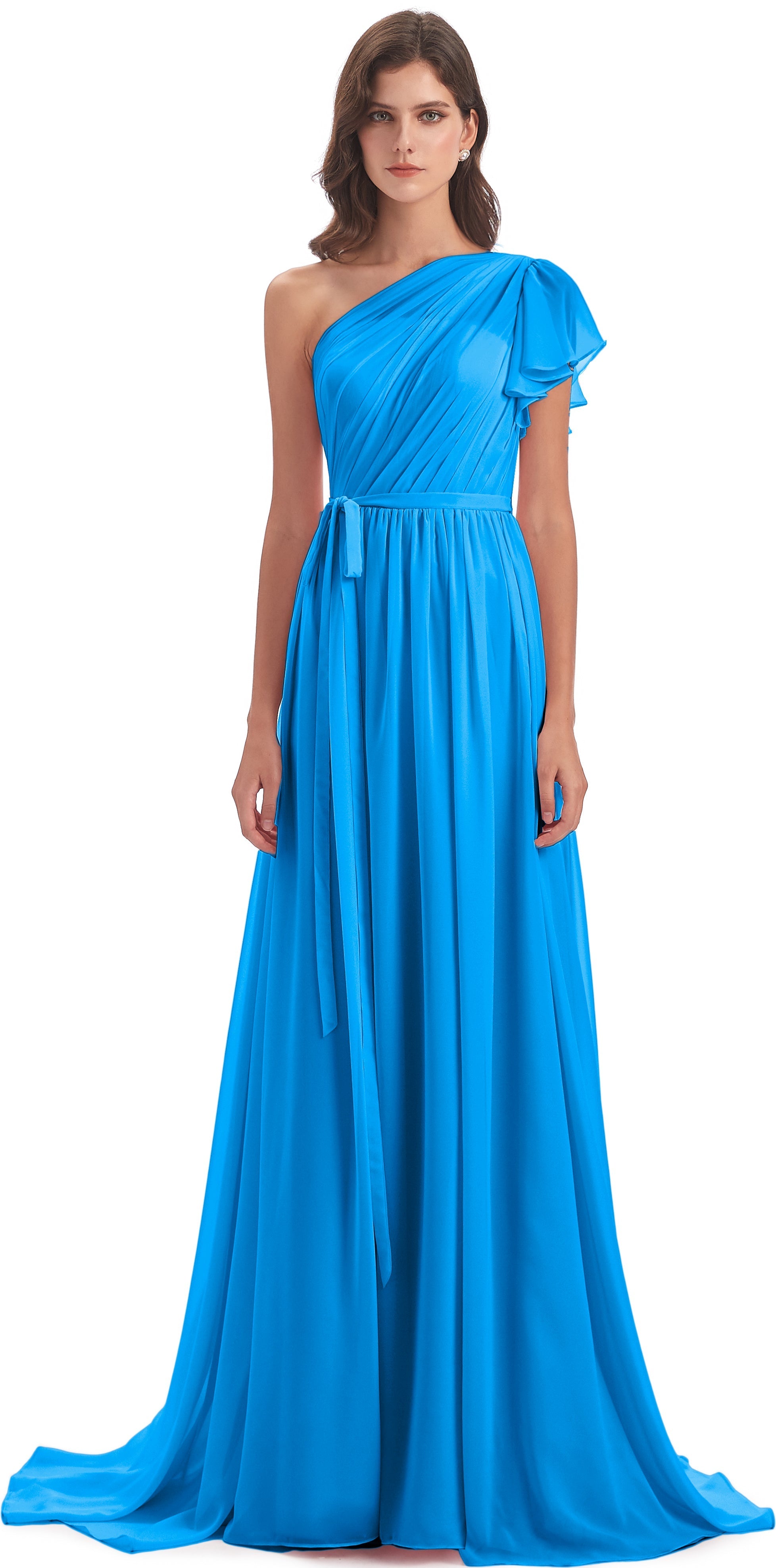 Robes De Demoiselle D'Honneur Bleu Océan Balayage/Pinceau Traîne Seule-Épaule Robes Demoiselle D'Honneur