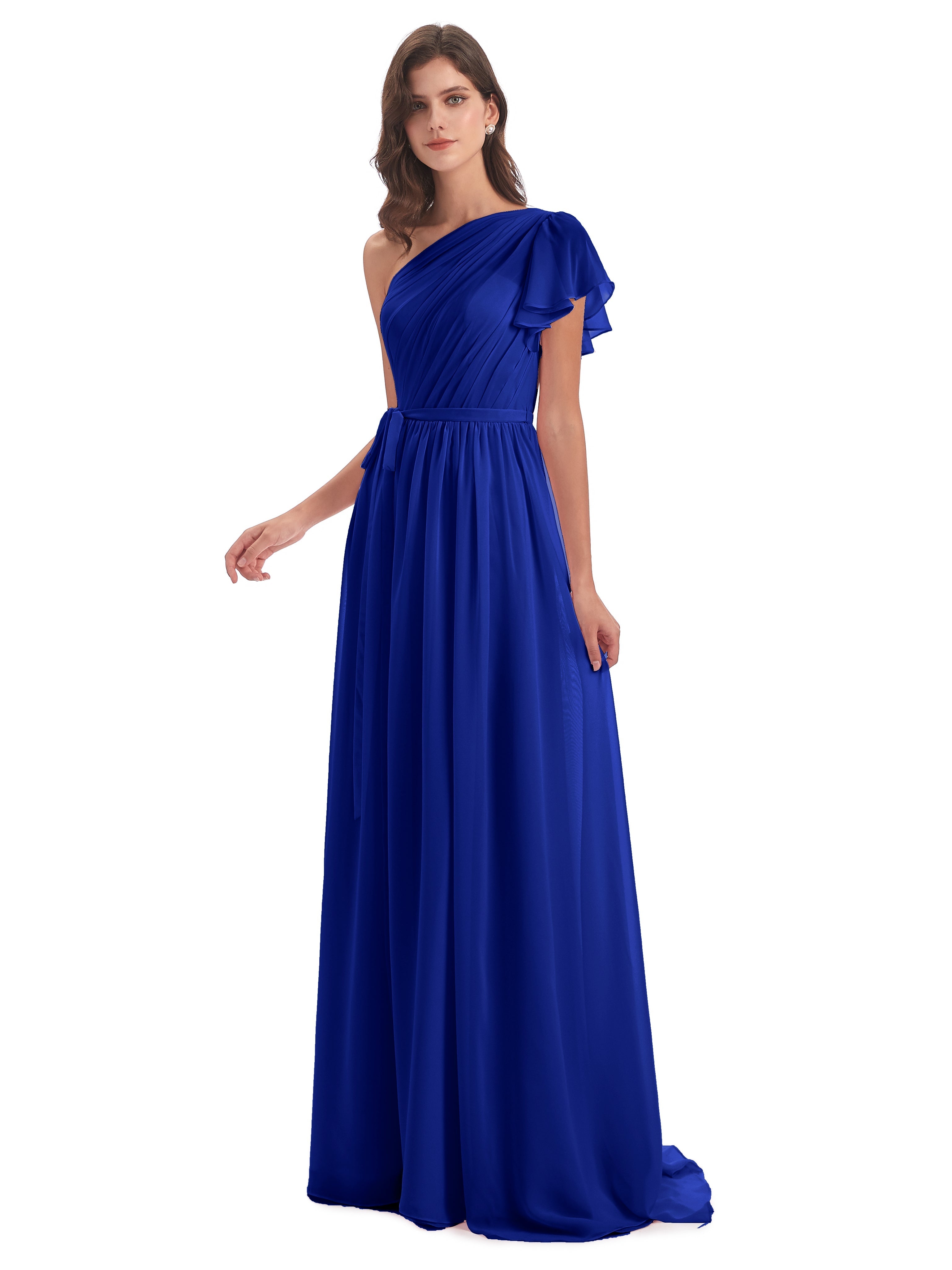 Robe Bleu Roi Demoiselle D Honneur Balayage/Pinceau Traîne Seule-Épaule Robes Demoiselle D'Honneur
