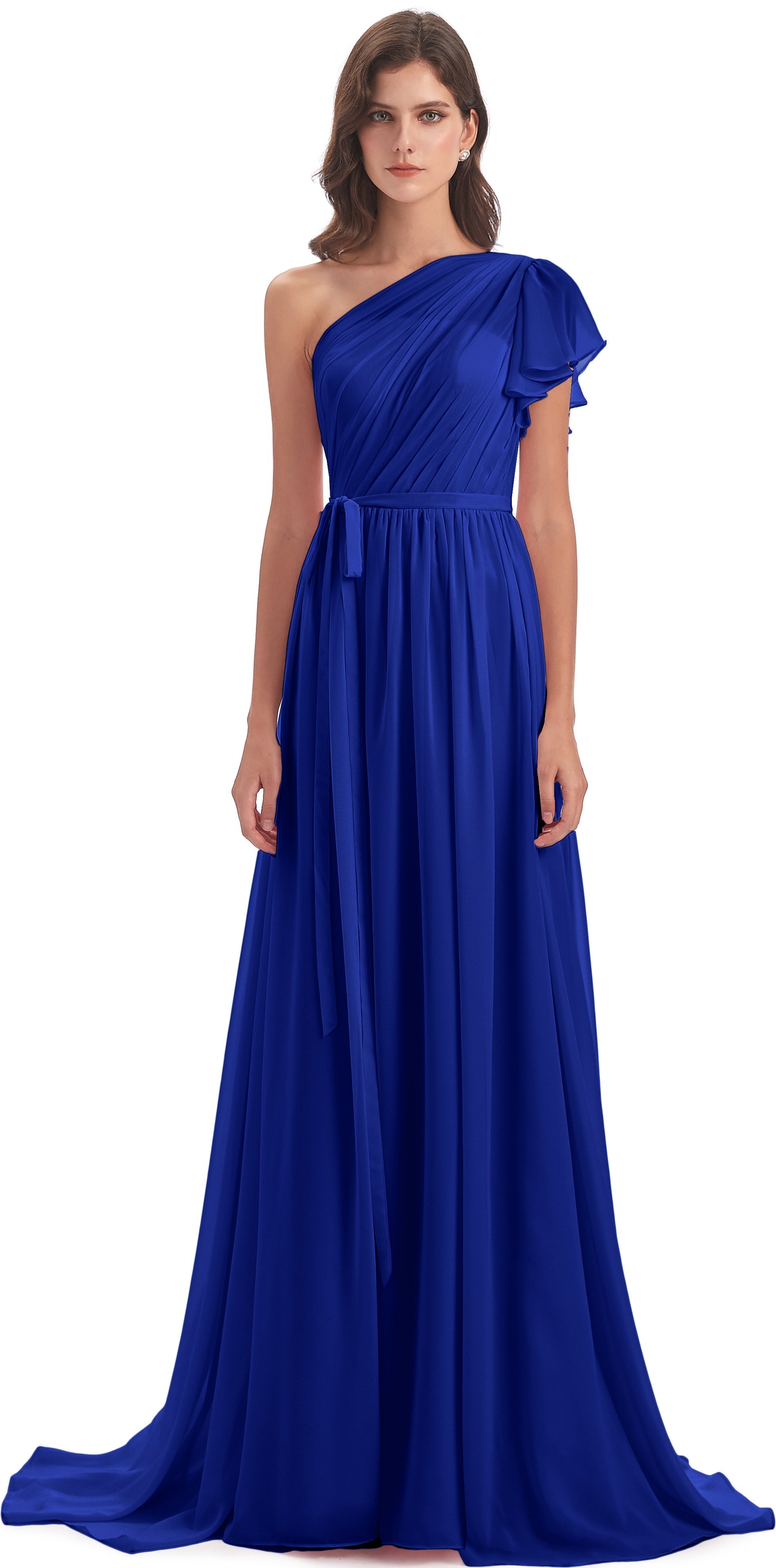 Robe Bleu Roi Demoiselle D Honneur Balayage/Pinceau Traîne Seule-Épaule Robes Demoiselle D'Honneur