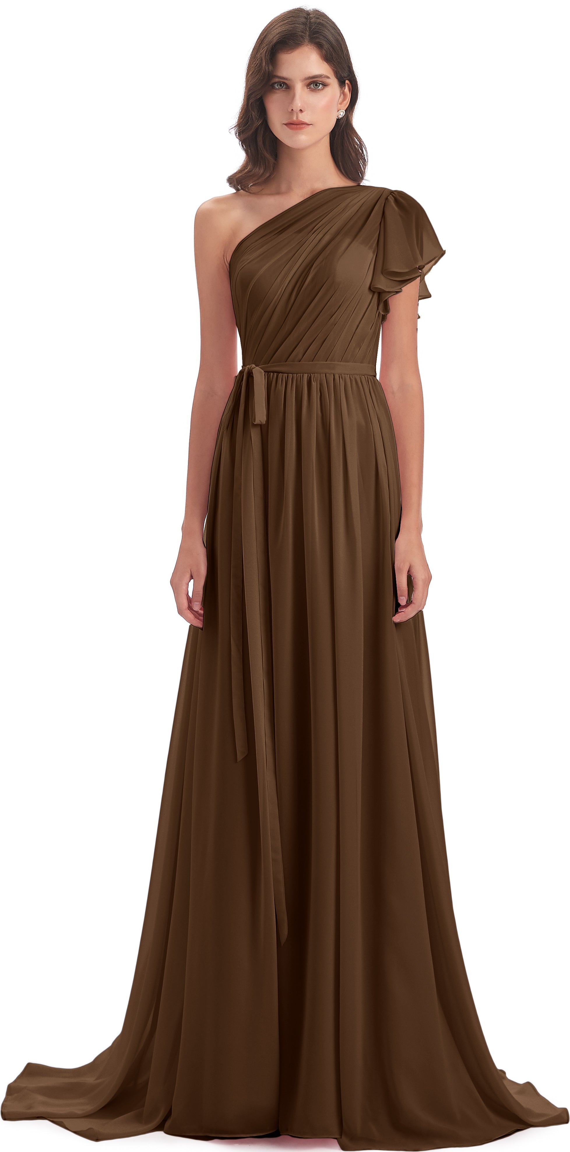 Robe Demoiselle D Honneur Brun Balayage/Pinceau Traîne Seule-Épaule Robes Demoiselle D'Honneur