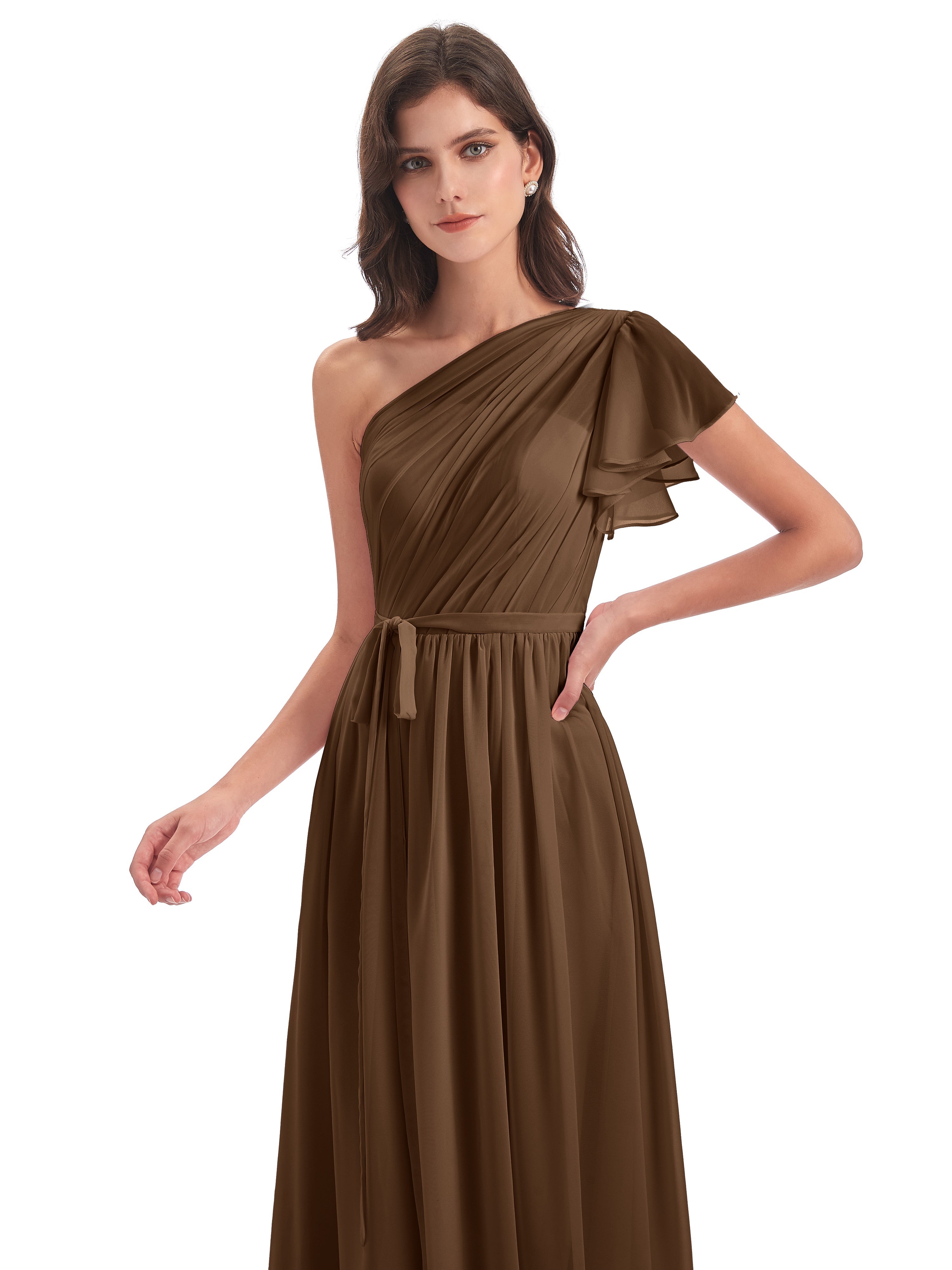 Robe Demoiselle D Honneur Brun Balayage/Pinceau Traîne Seule-Épaule Robes Demoiselle D'Honneur