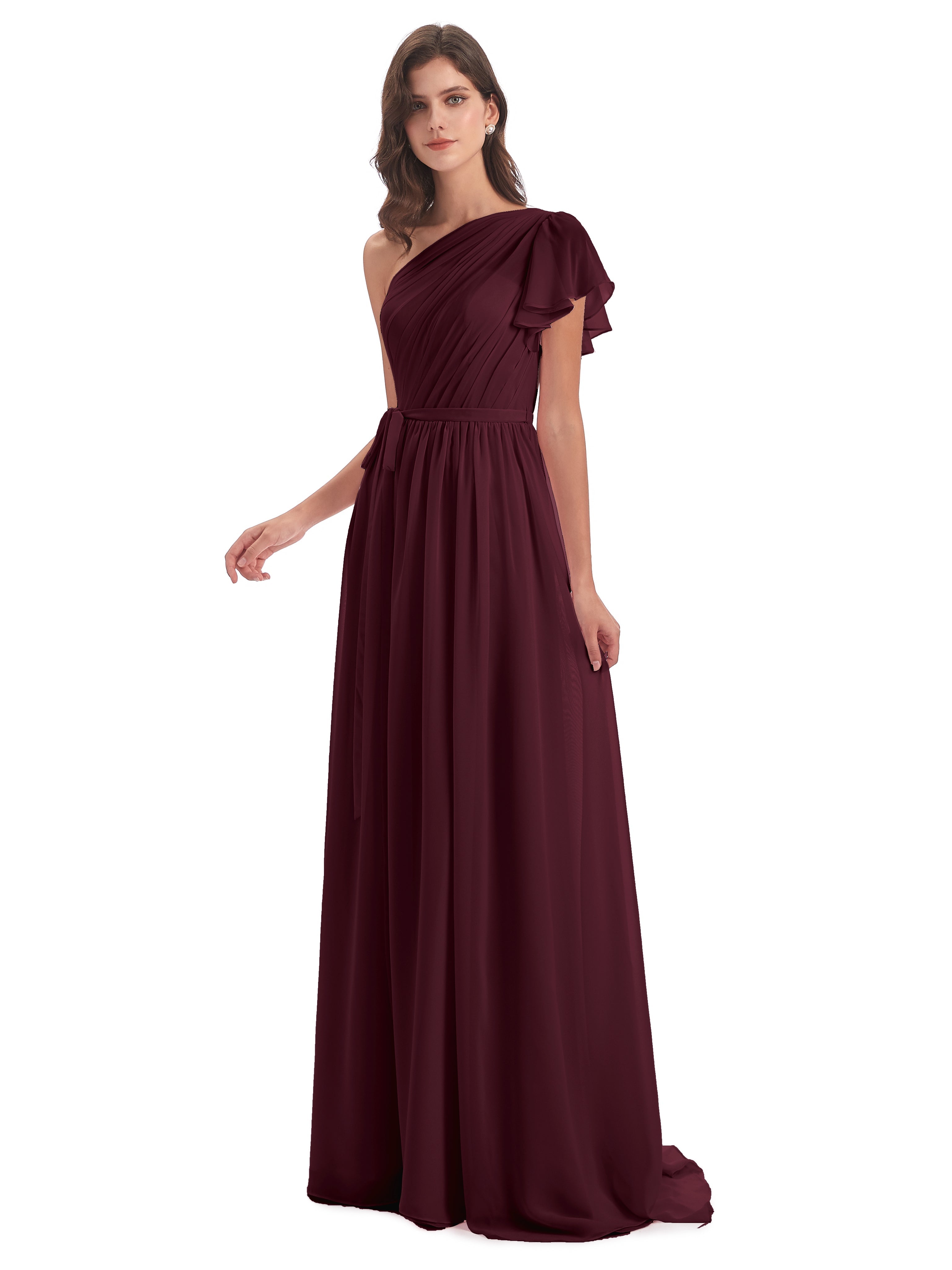 Robes De Demoiselle D'Honneur Cabernet Balayage/Pinceau Traîne Seule-Épaule Robes Demoiselle D'Honneur