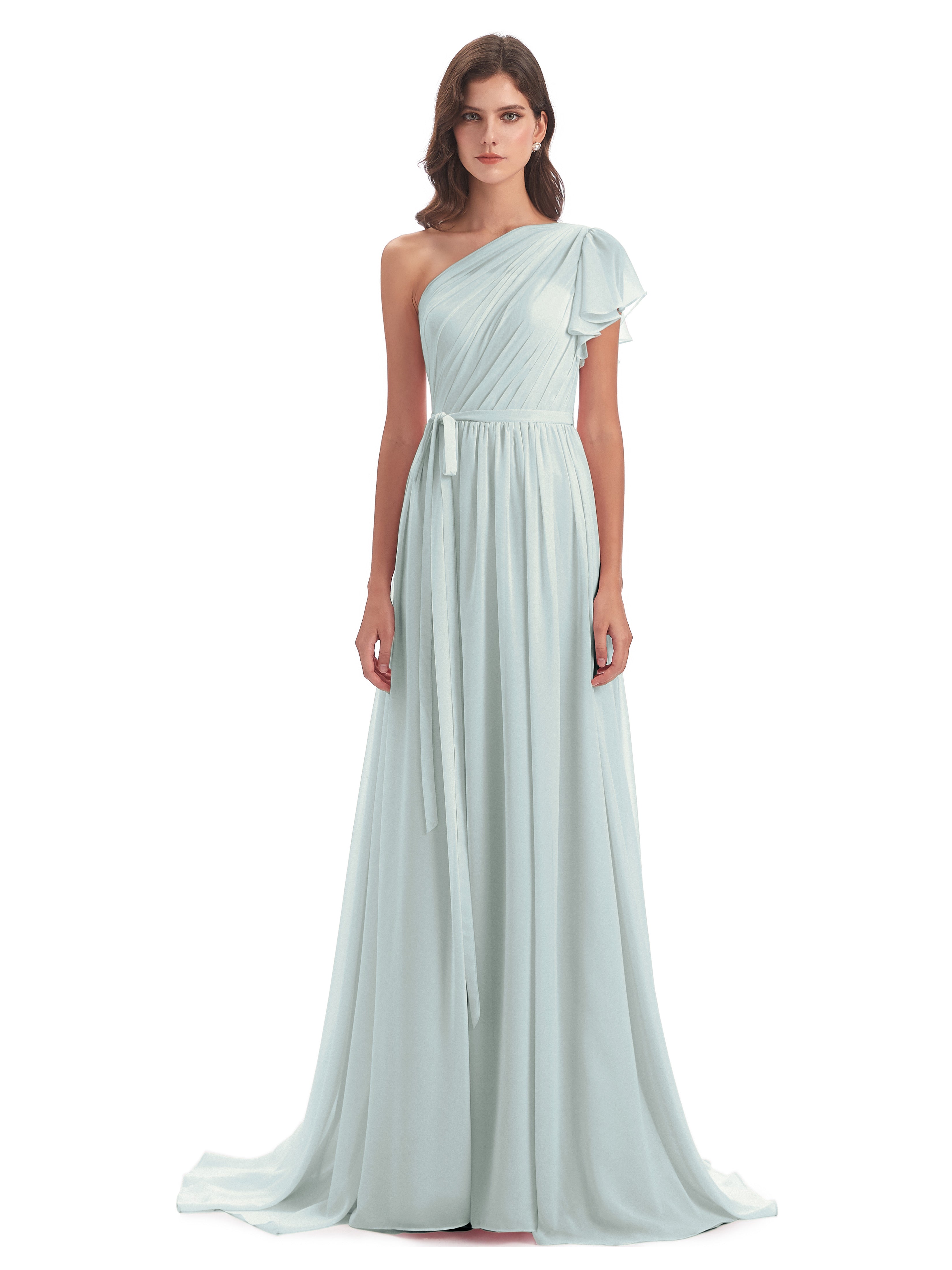 Robe Demoiselle D Honneur Vert Celadon Balayage/Pinceau Traîne Seule-Épaule Robes Demoiselle D'Honneur