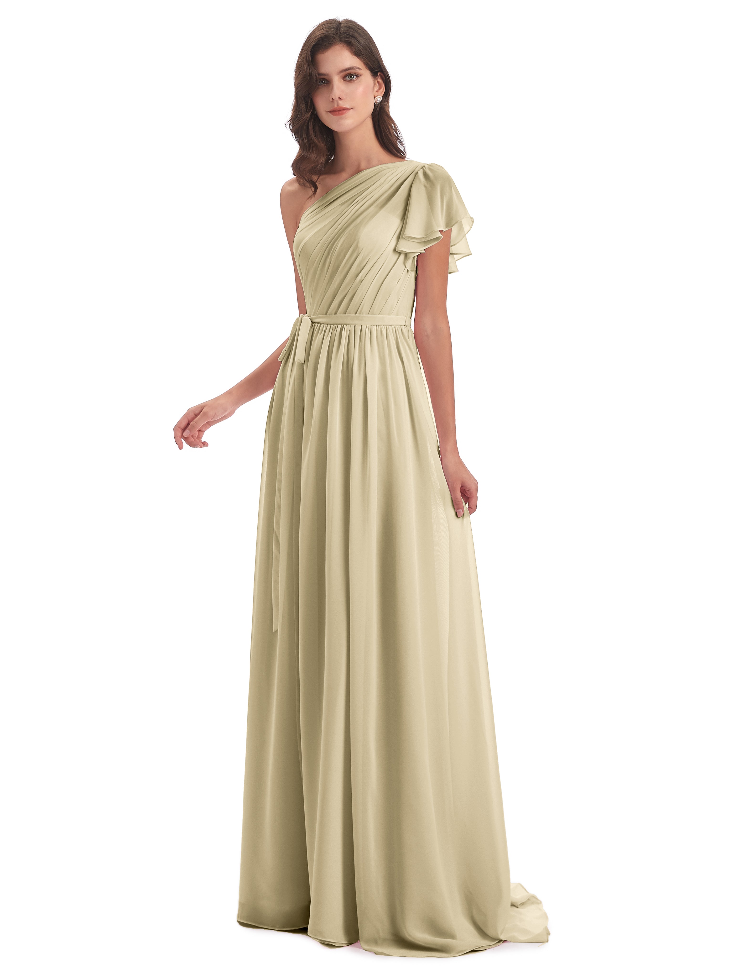 Robe De Demoiselle D Honneur Champagne Balayage/Pinceau Traîne Seule-Épaule Robes Demoiselle D'Honneur