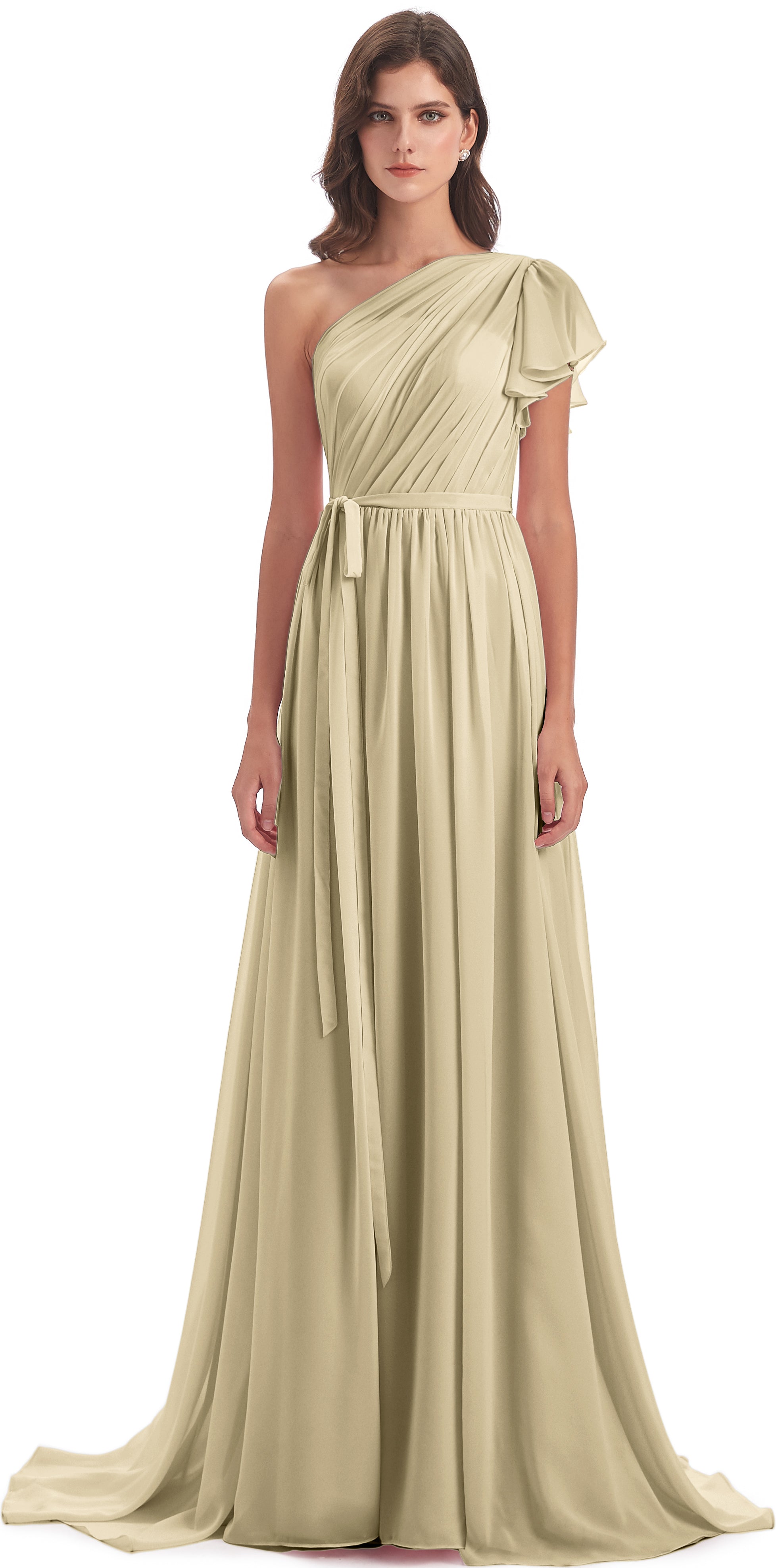 Robe De Demoiselle D Honneur Champagne Balayage/Pinceau Traîne Seule-Épaule Robes Demoiselle D'Honneur