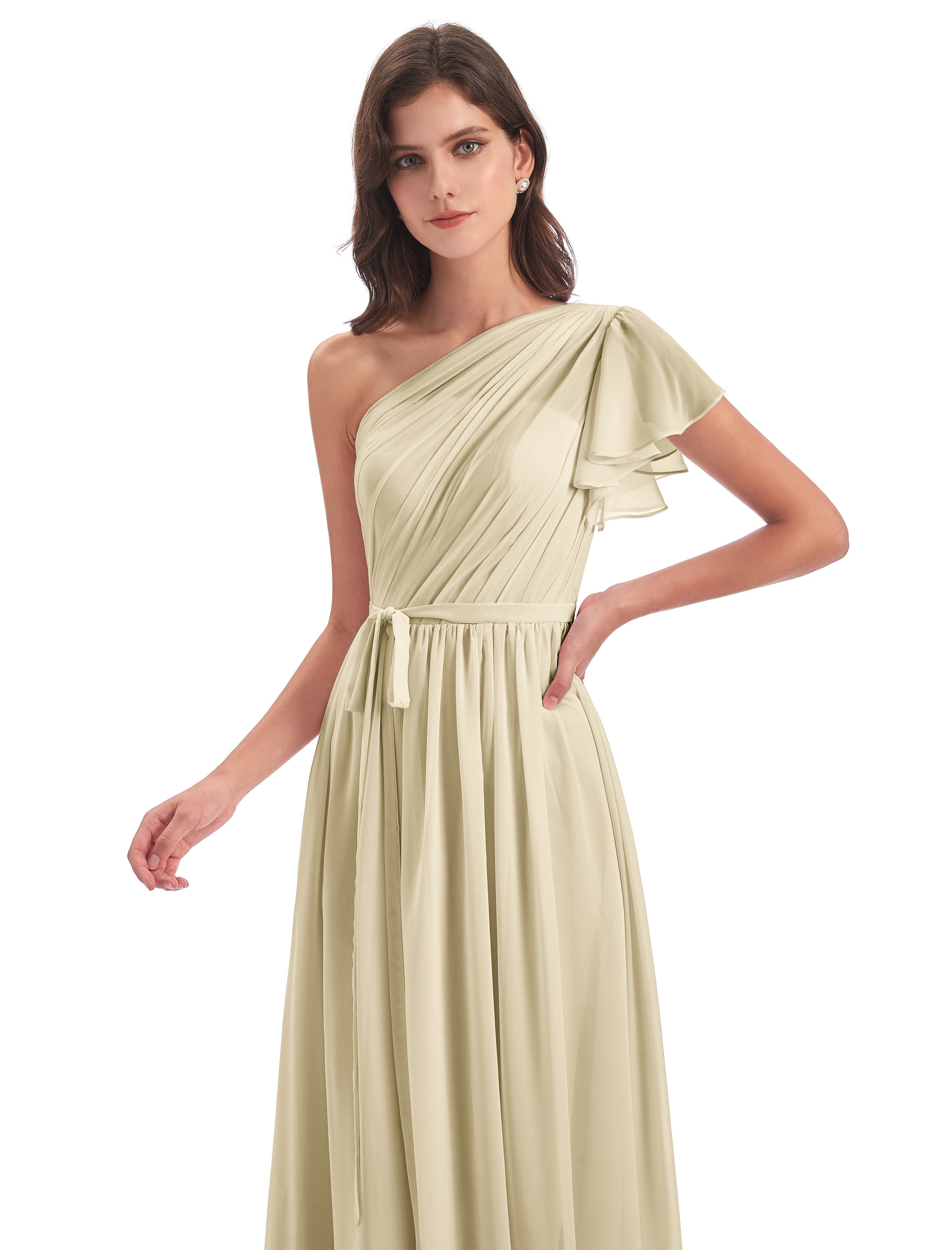 Robe De Demoiselle D Honneur Champagne Balayage/Pinceau Traîne Seule-Épaule Robes Demoiselle D'Honneur