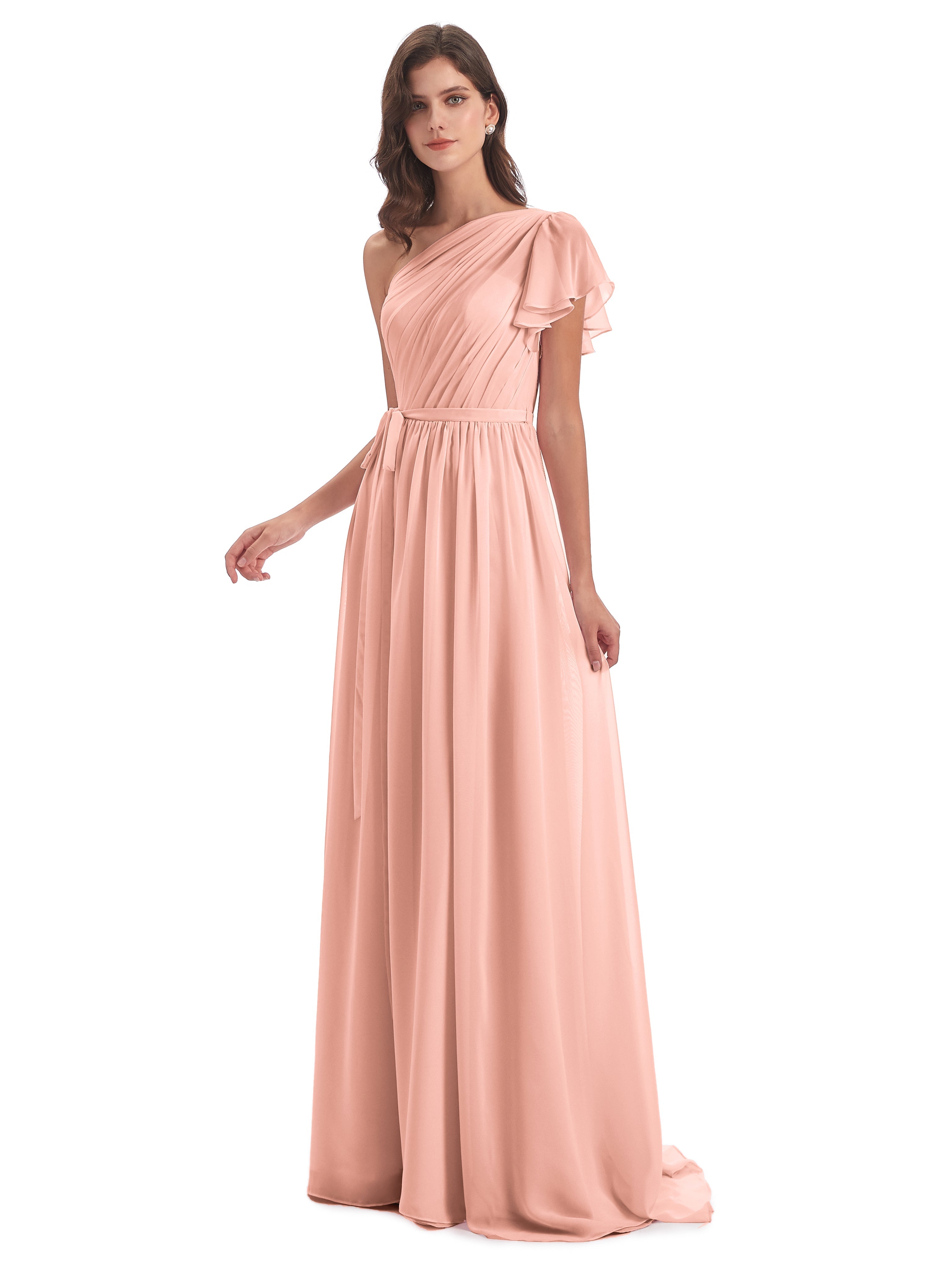 Robe Demoiselle Dhonneur Corail Balayage/Pinceau Traîne Seule-Épaule Robes Demoiselle D'Honneur