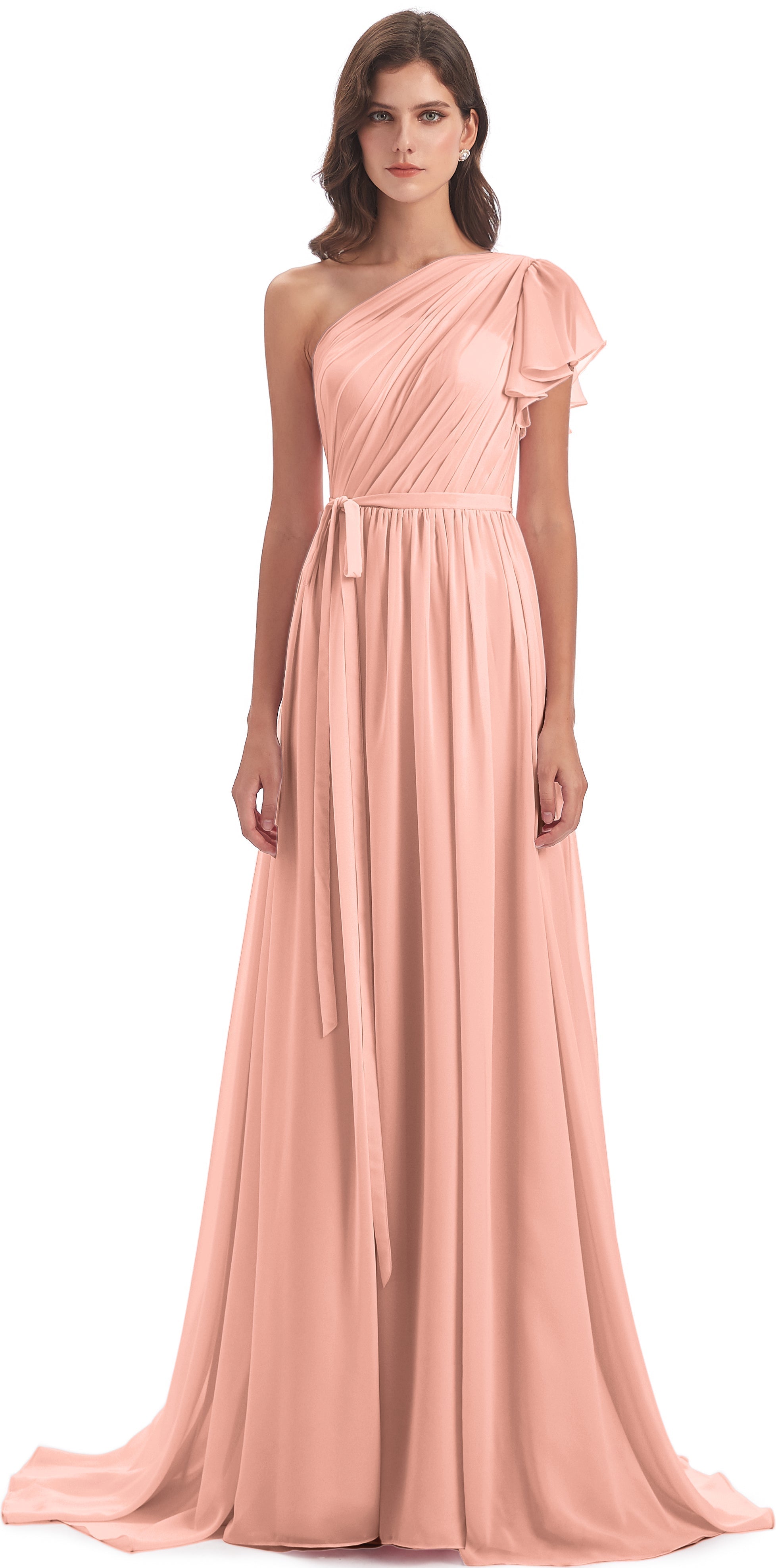 Robe Demoiselle Dhonneur Corail Balayage/Pinceau Traîne Seule-Épaule Robes Demoiselle D'Honneur