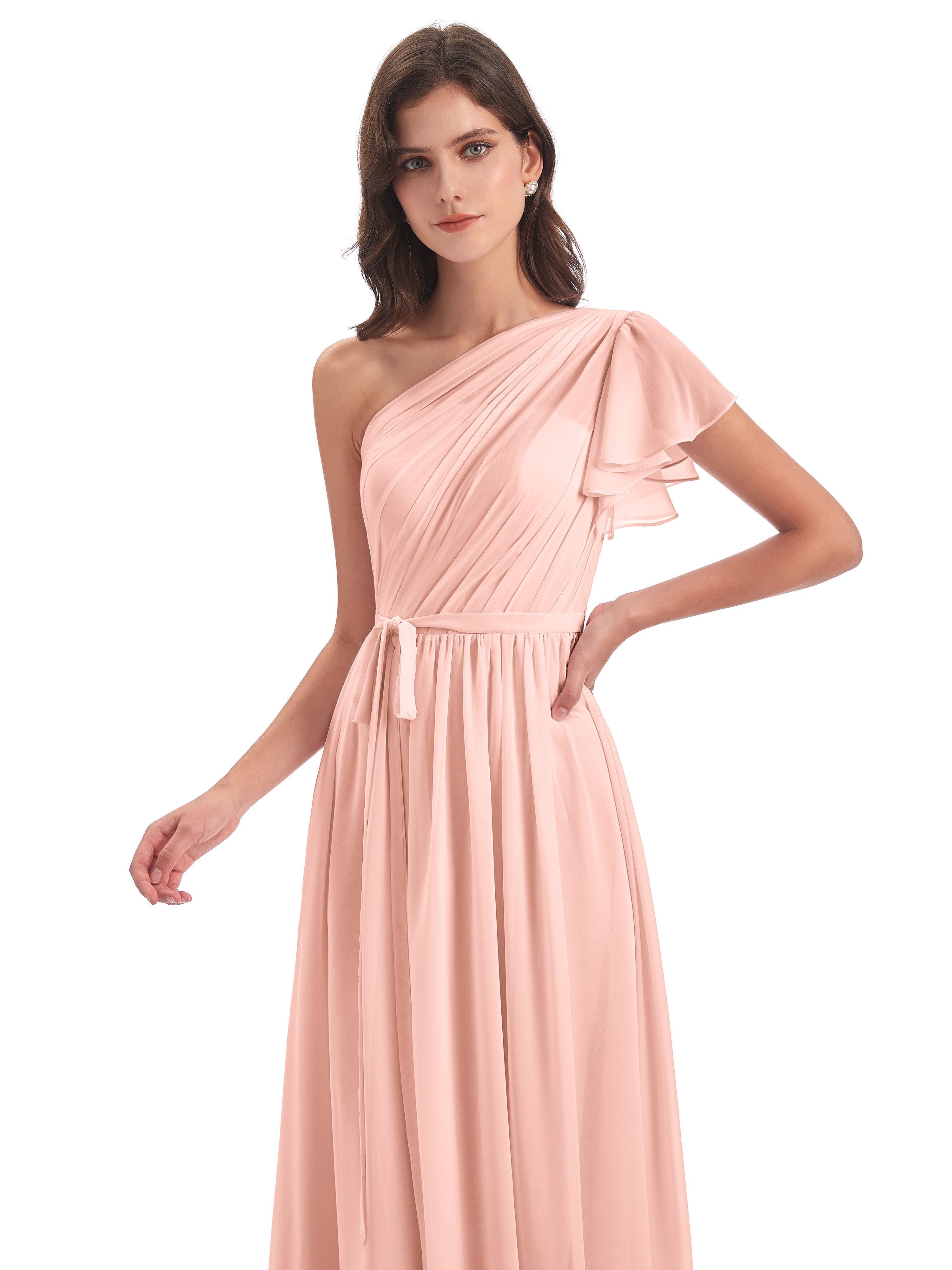 Robe Demoiselle Dhonneur Corail Balayage/Pinceau Traîne Seule-Épaule Robes Demoiselle D'Honneur