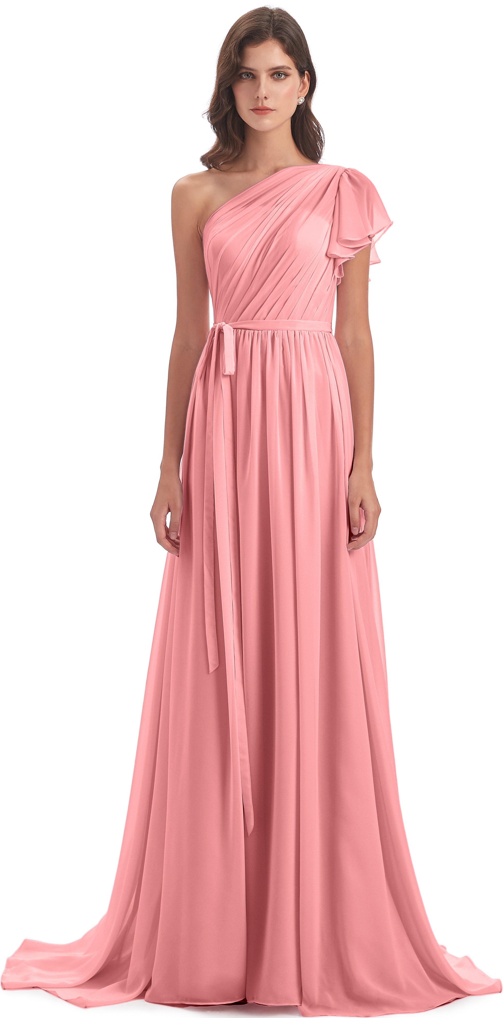 Robes De Demoiselle D'Honneur En Flamant Balayage/Pinceau Traîne Seule-Épaule Robes Demoiselle D'Honneur