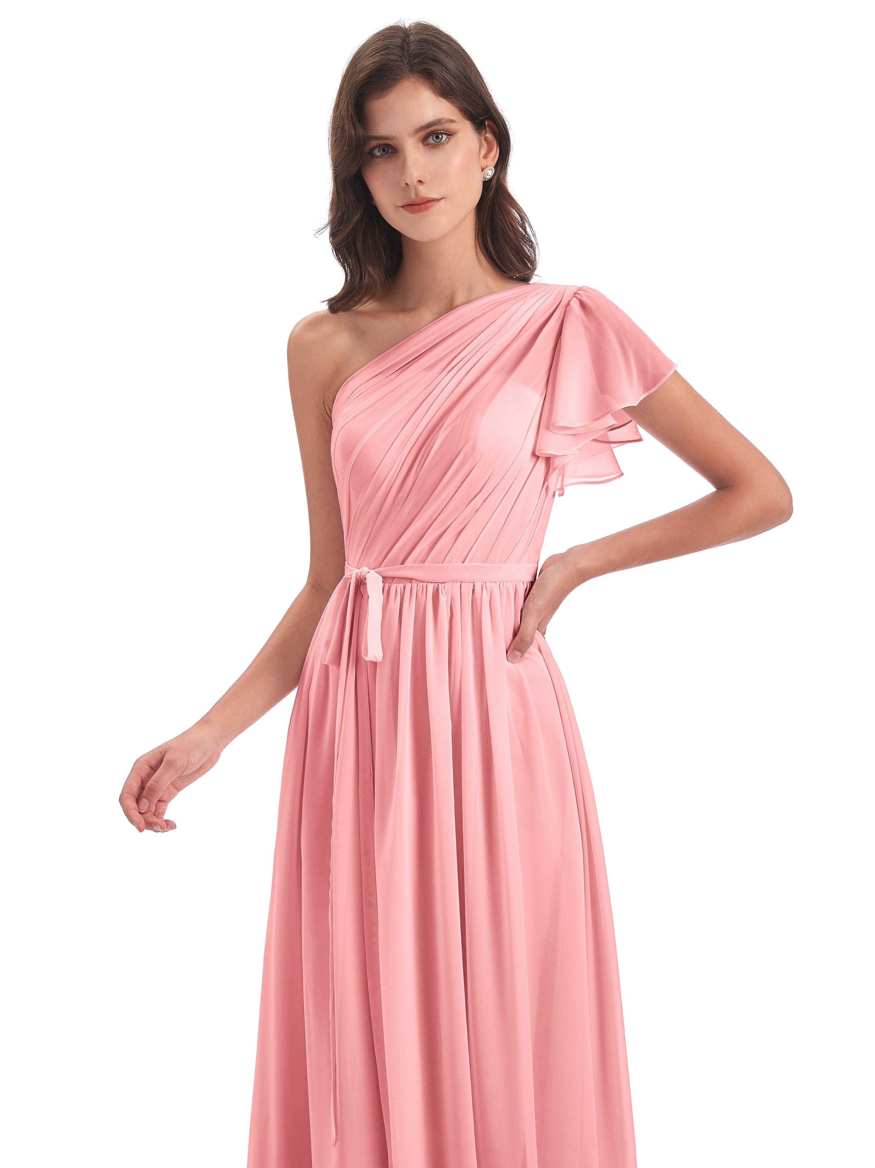 Robes De Demoiselle D'Honneur En Flamant Balayage/Pinceau Traîne Seule-Épaule Robes Demoiselle D'Honneur