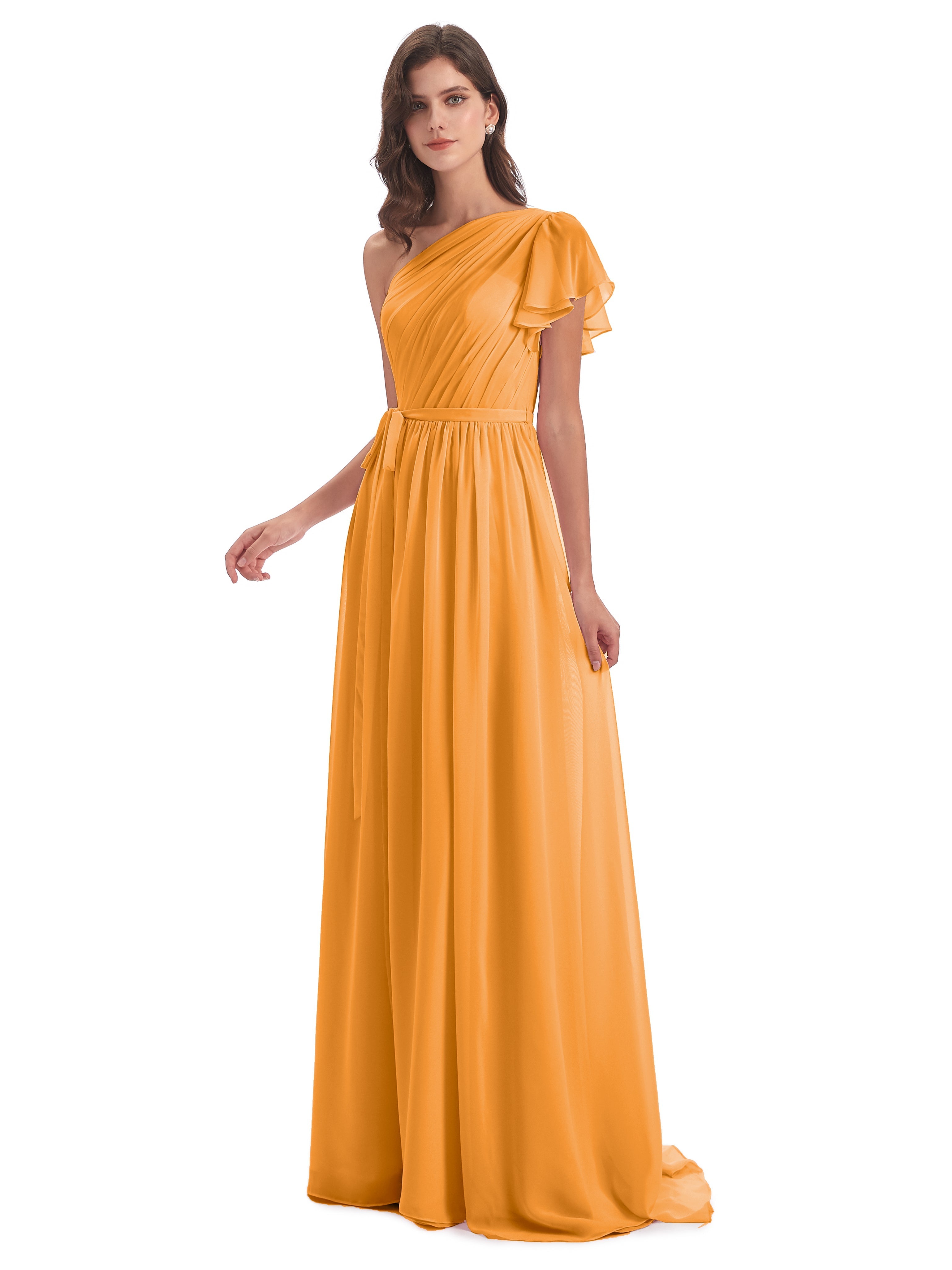 Robes De Demoiselle D'Honneur Mandarine Balayage/Pinceau Traîne Seule-Épaule Robes Demoiselle D'Honneur