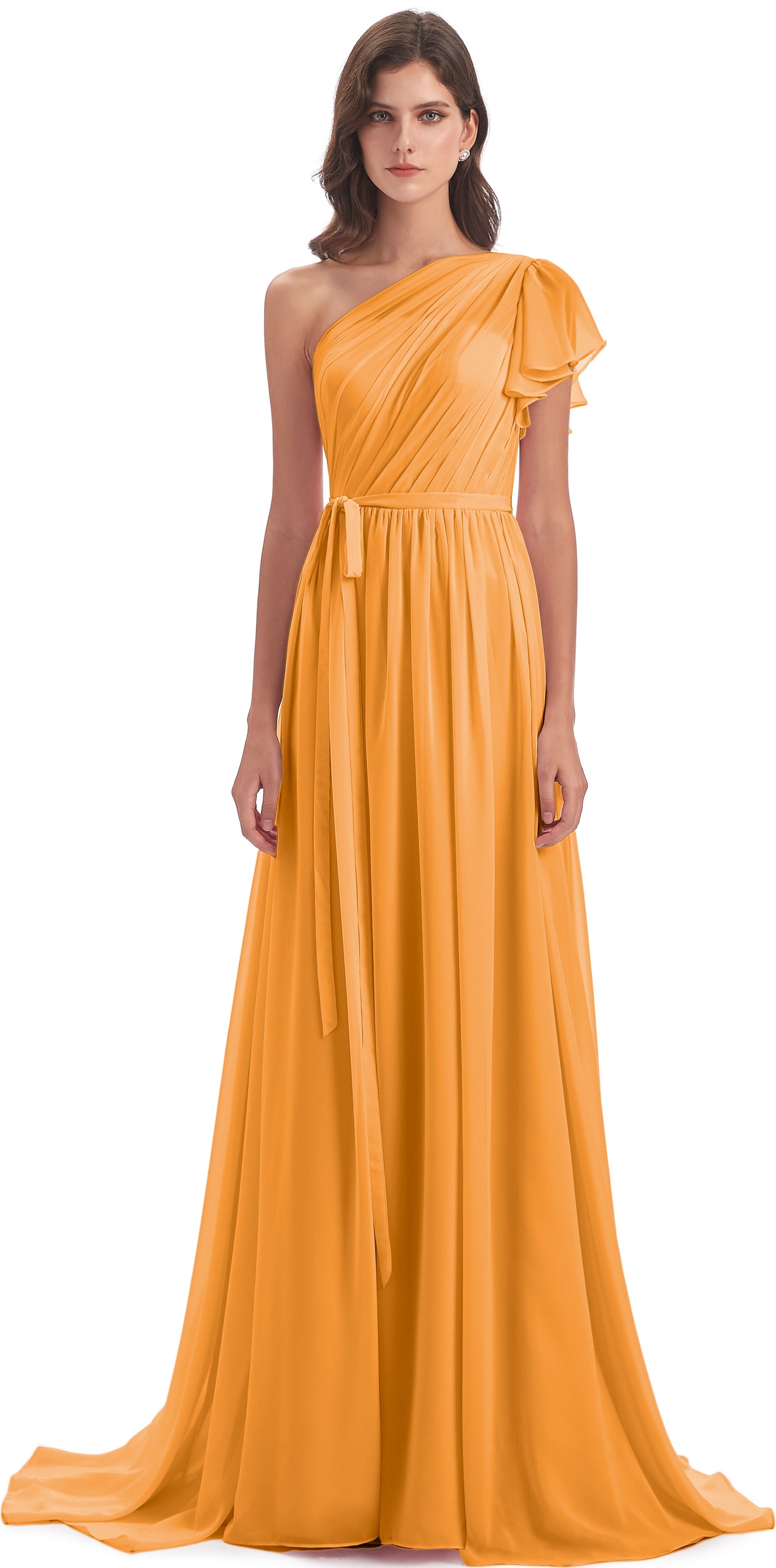 Robes De Demoiselle D'Honneur Mandarine Balayage/Pinceau Traîne Seule-Épaule Robes Demoiselle D'Honneur