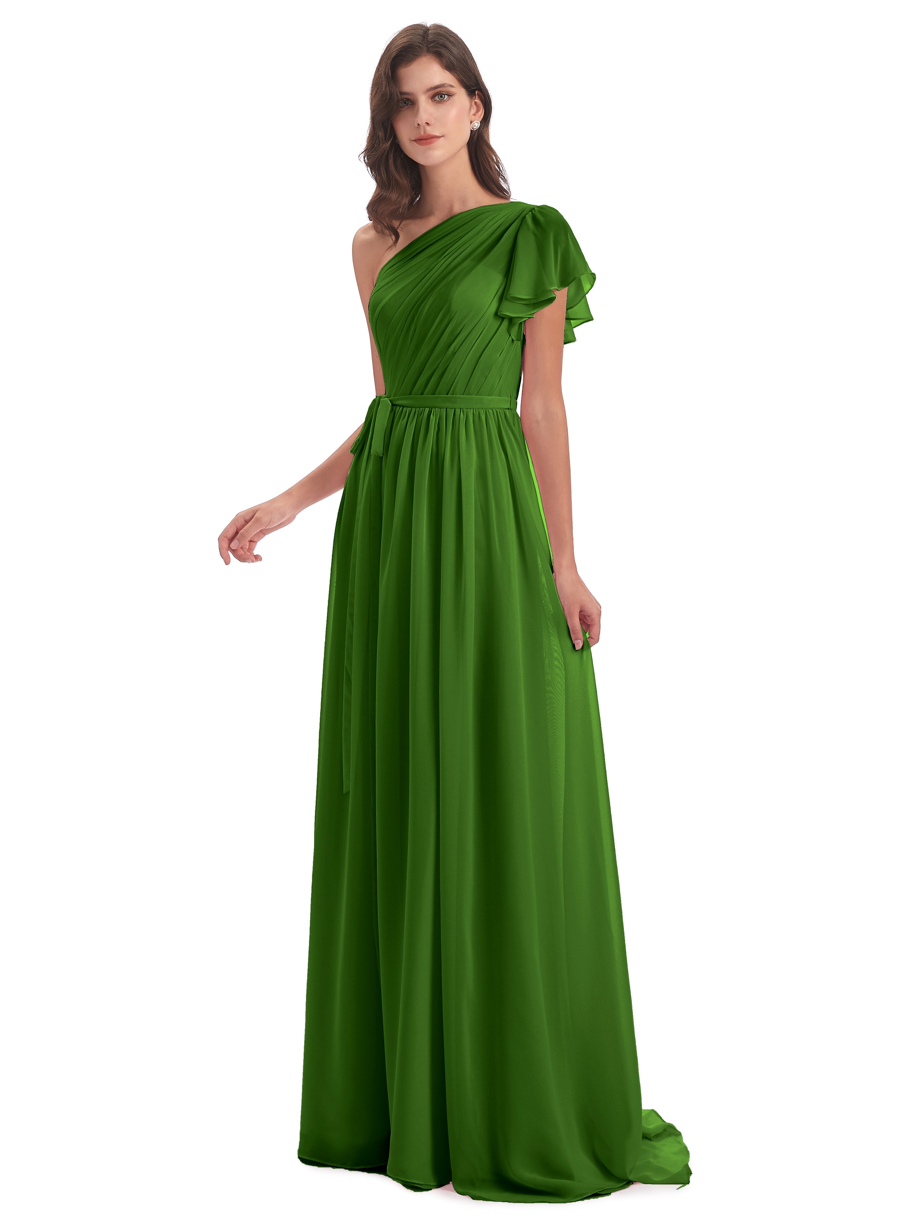 Robes De Demoiselle D'Honneur Vert Mousse Balayage/Pinceau Traîne Seule-Épaule Robes Demoiselle D'Honneur