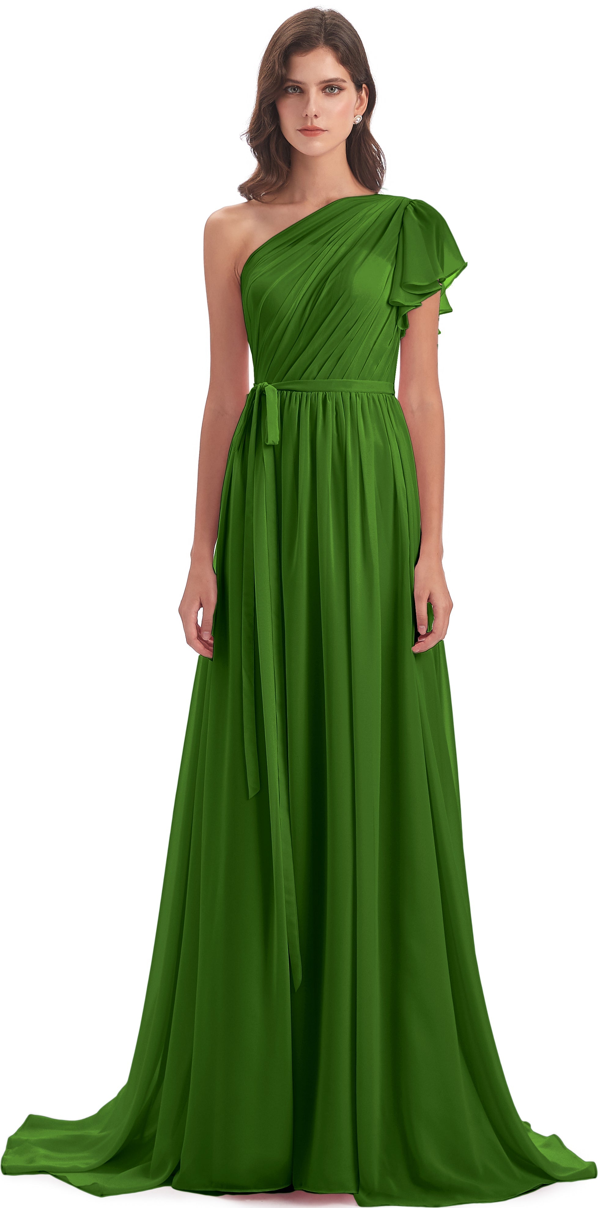 Robes De Demoiselle D'Honneur Vert Mousse Balayage/Pinceau Traîne Seule-Épaule Robes Demoiselle D'Honneur
