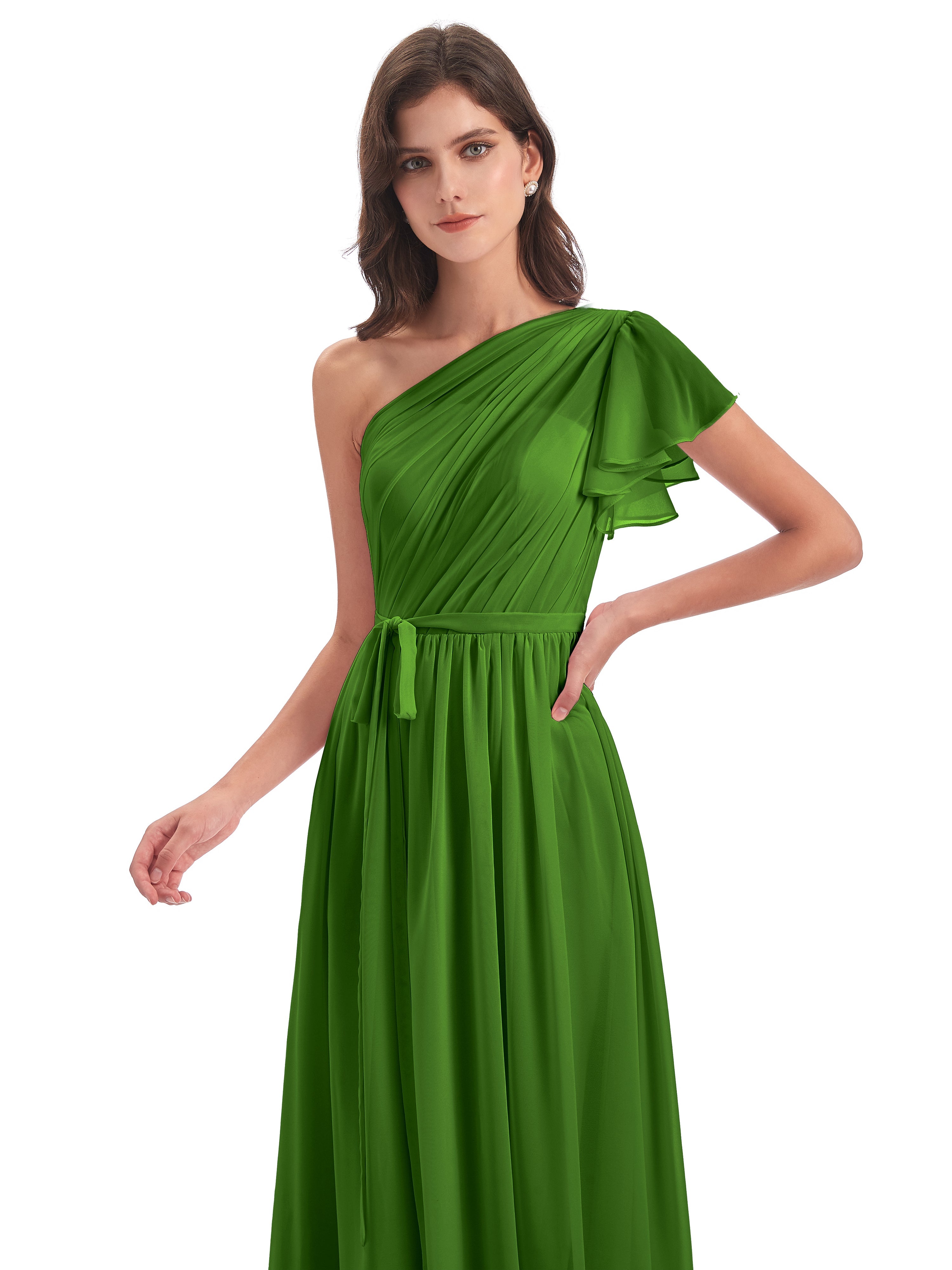 Robes De Demoiselle D'Honneur Vert Mousse Balayage/Pinceau Traîne Seule-Épaule Robes Demoiselle D'Honneur
