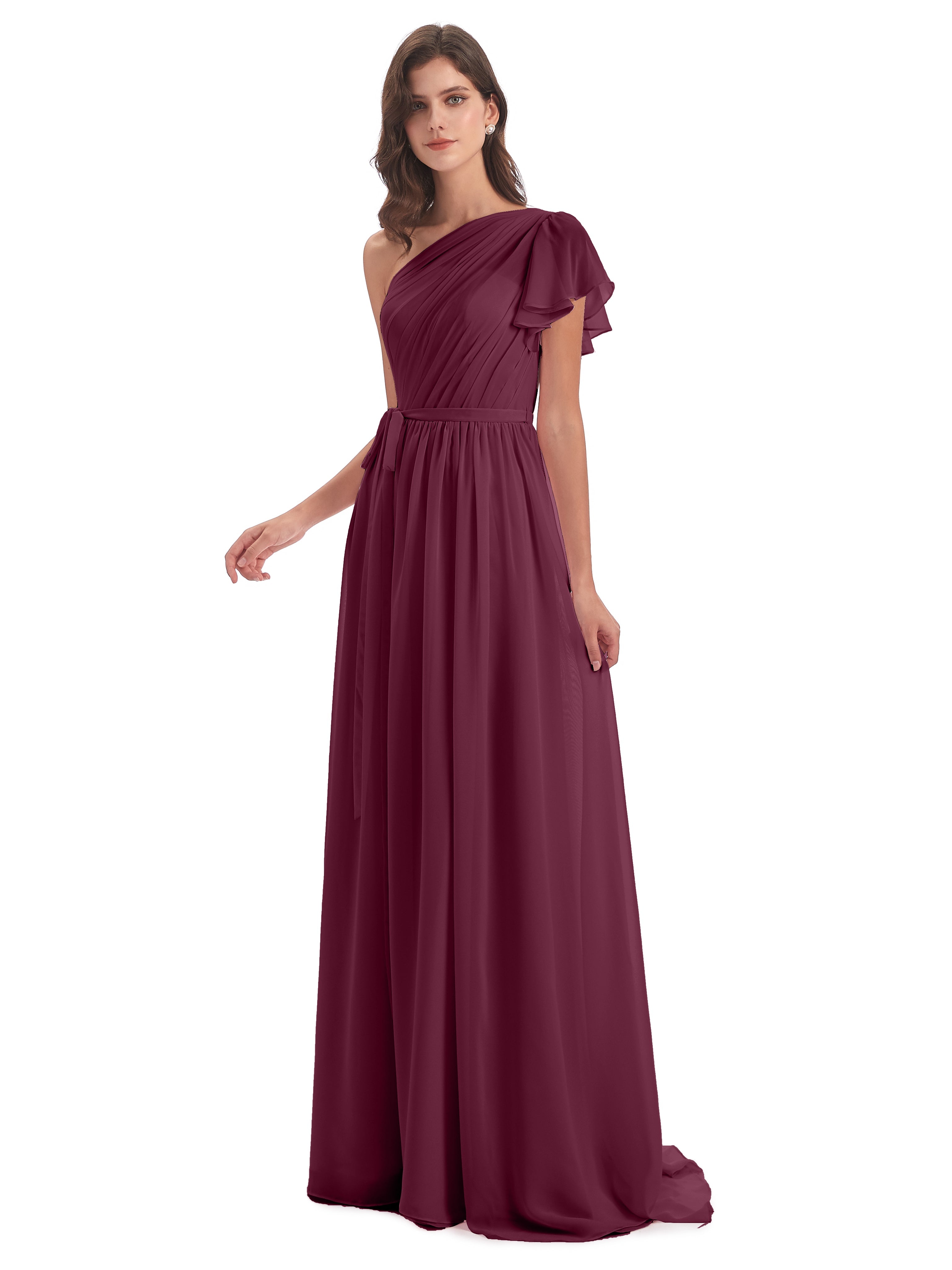 Robes De Demoiselle D'Honneur Mûre Balayage/Pinceau Traîne Seule-Épaule Robes Demoiselle D'Honneur
