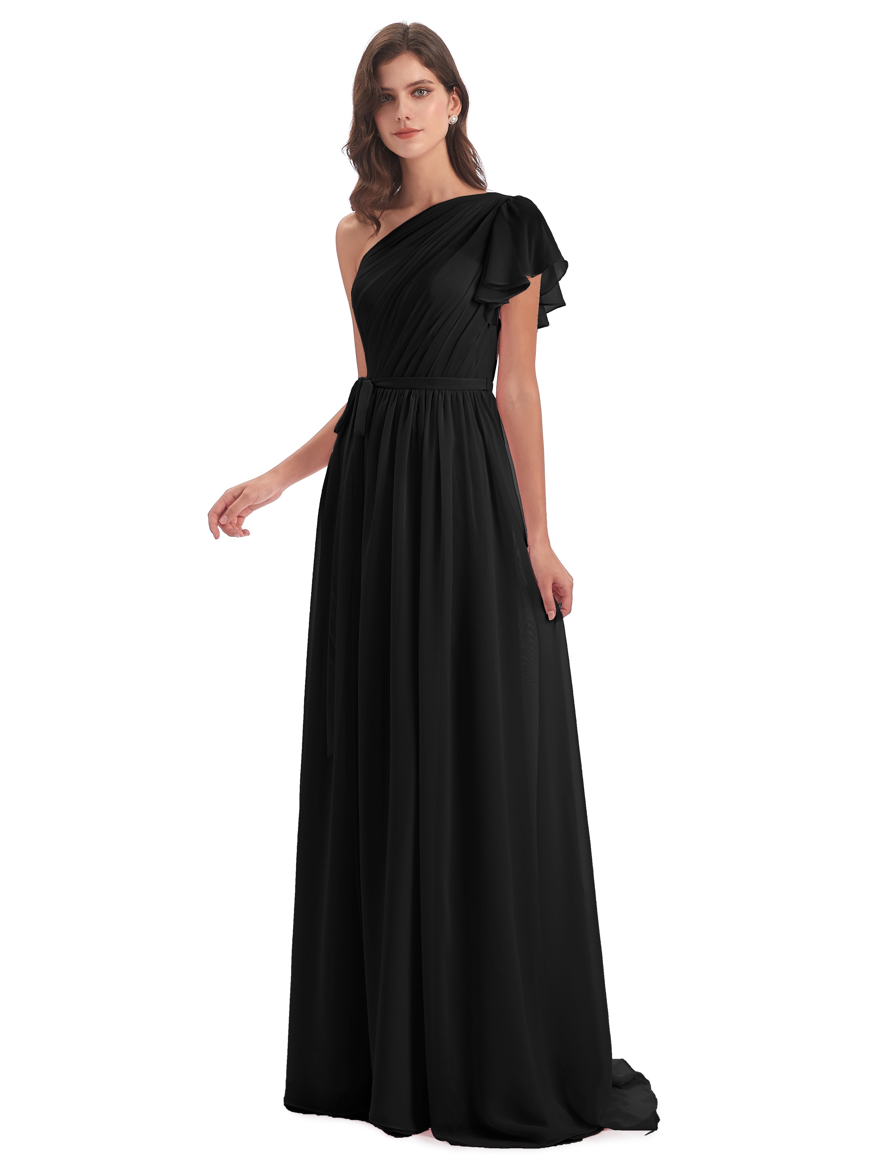 Robe Noire Demoiselle D Honneur Balayage/Pinceau Traîne Seule-Épaule Robes Demoiselle D'Honneur