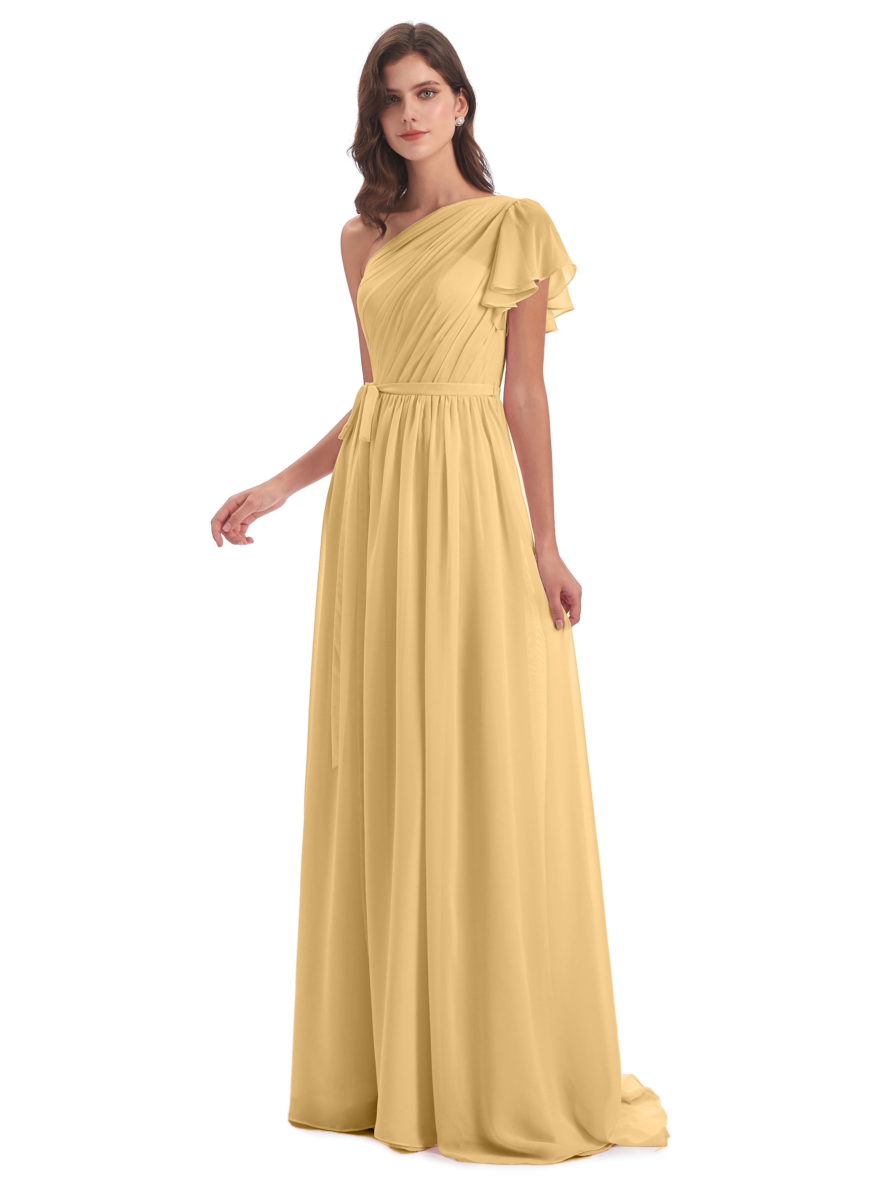 Robe Dorée Mariage Demoiselle D Honneur Balayage/Pinceau Traîne Seule-Épaule Robes Demoiselle D'Honneur