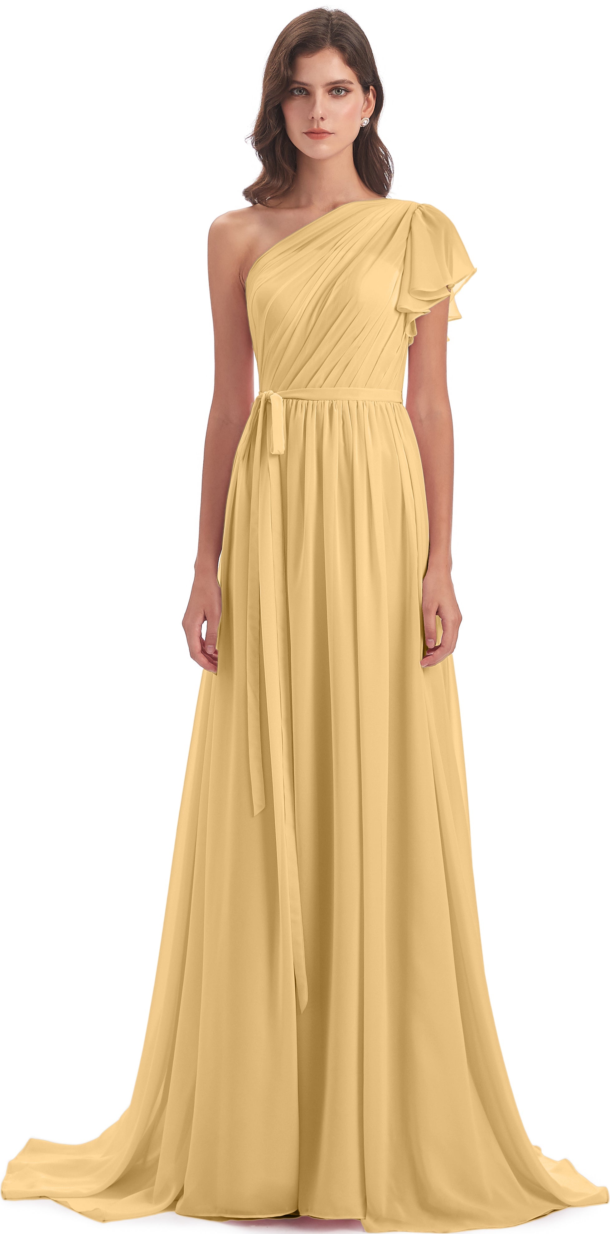 Robe Dorée Mariage Demoiselle D Honneur Balayage/Pinceau Traîne Seule-Épaule Robes Demoiselle D'Honneur