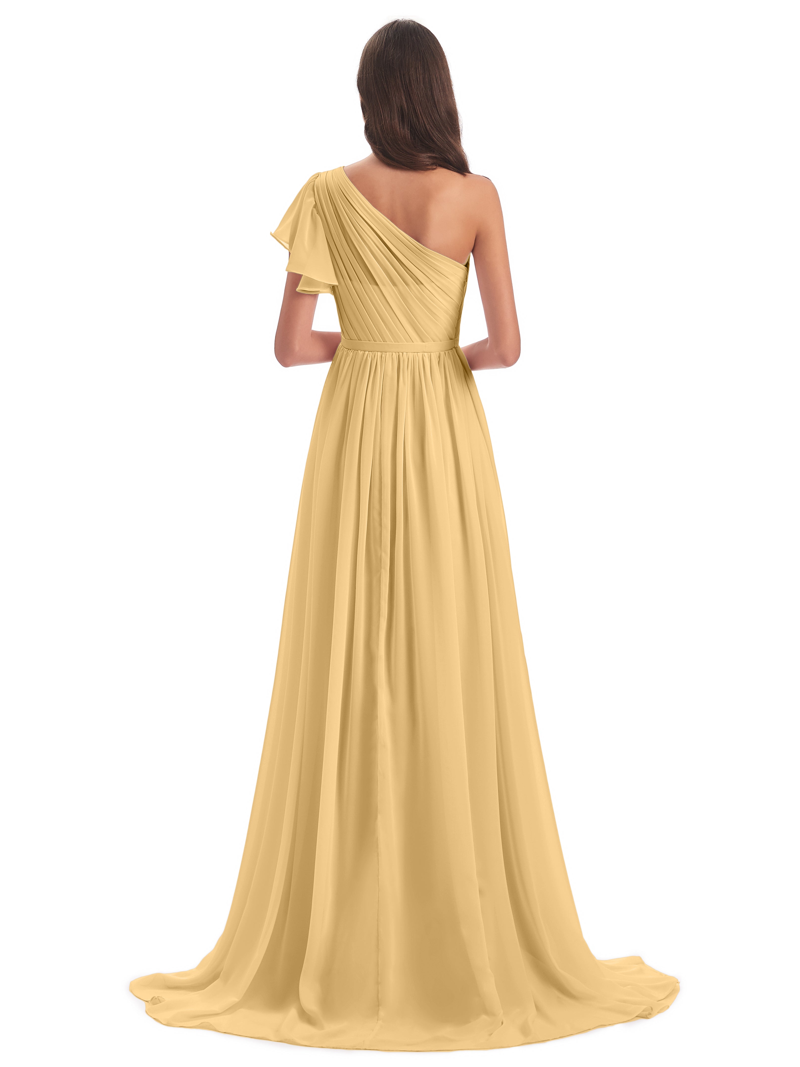 Robe Dorée Mariage Demoiselle D Honneur Balayage/Pinceau Traîne Seule-Épaule Robes Demoiselle D'Honneur