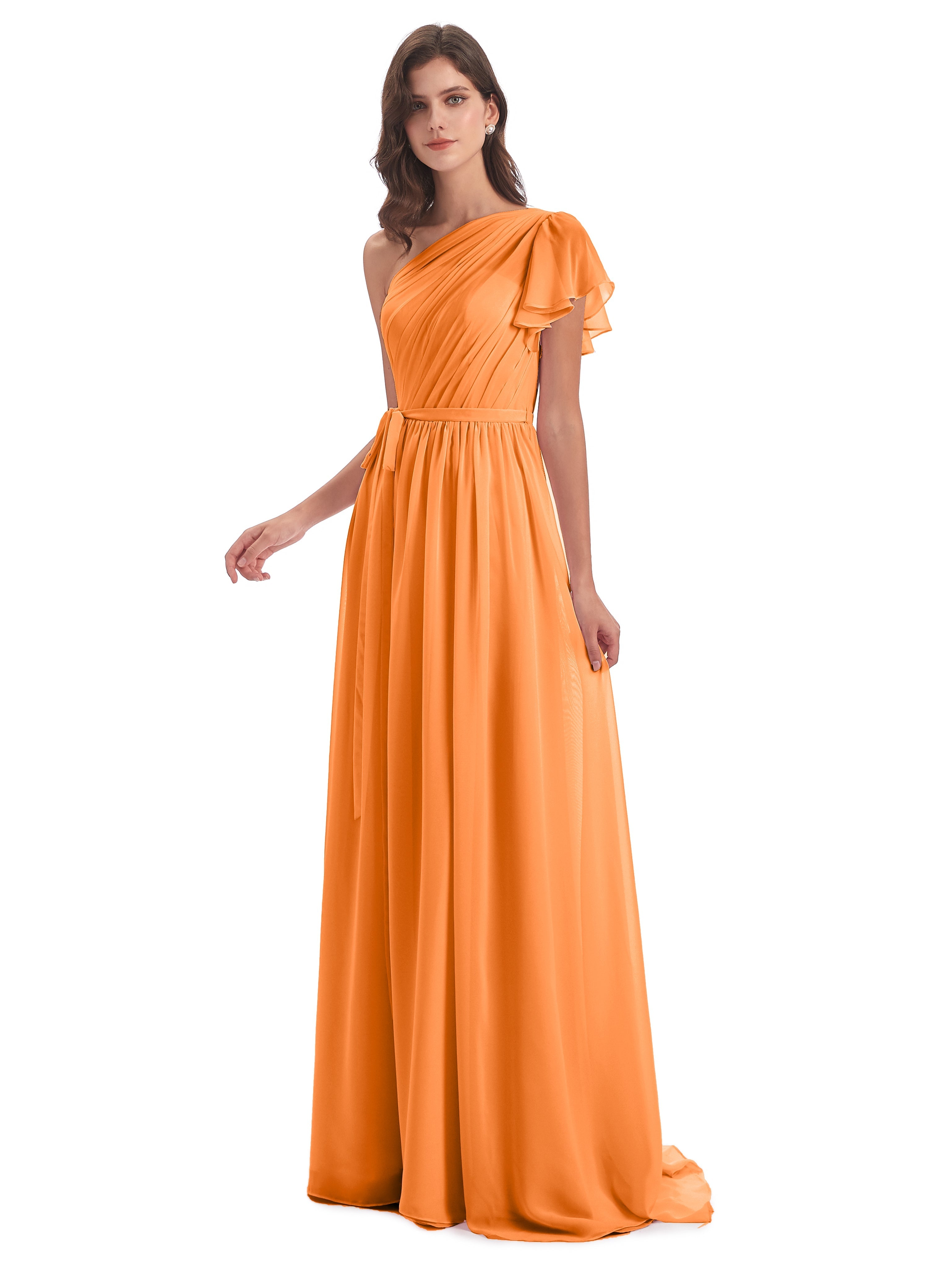 Demoiselle Dhonneur Robe Orange Balayage/Pinceau Traîne Seule-Épaule Robes Demoiselle D'Honneur