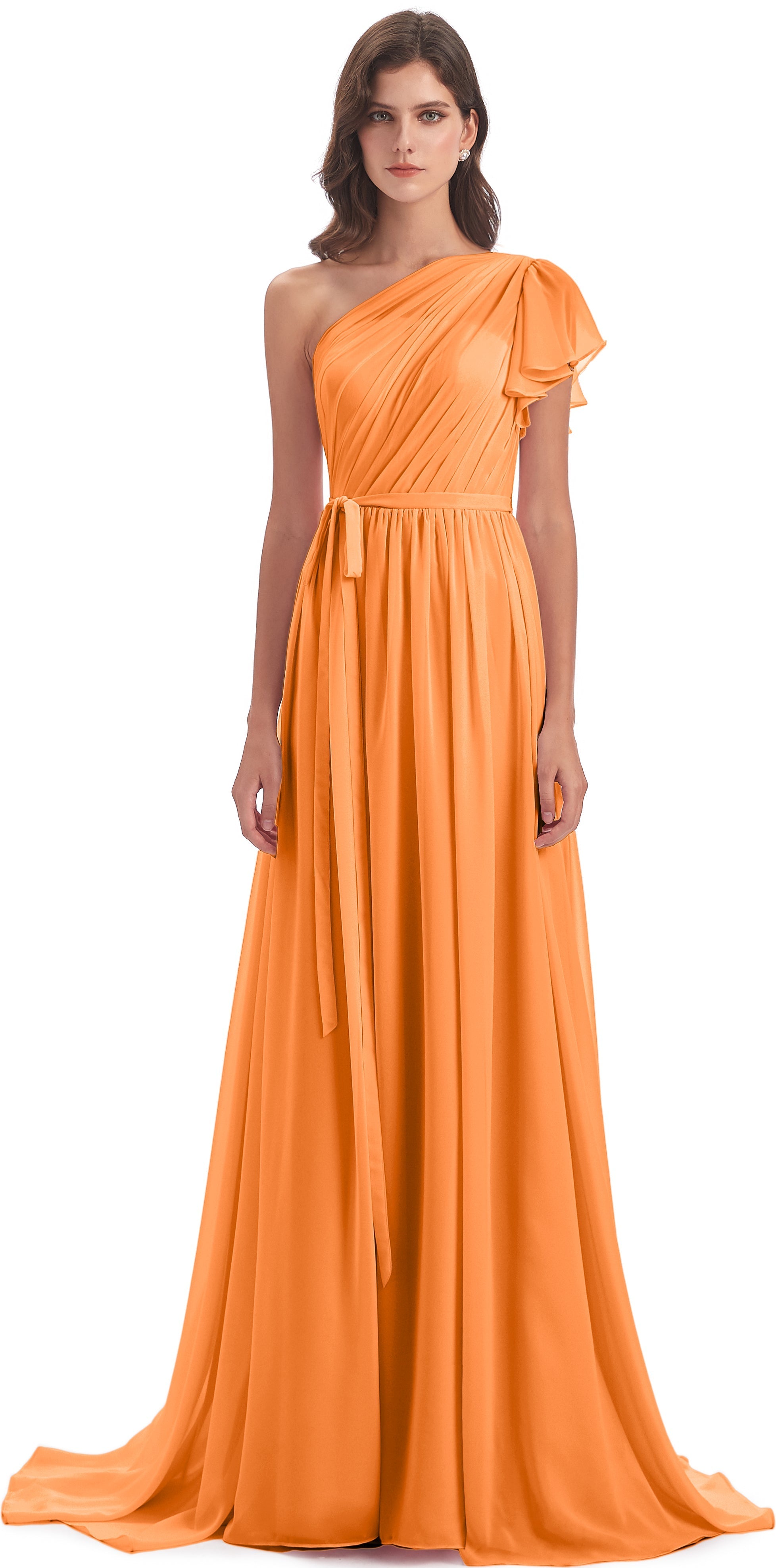 Demoiselle Dhonneur Robe Orange Balayage/Pinceau Traîne Seule-Épaule Robes Demoiselle D'Honneur